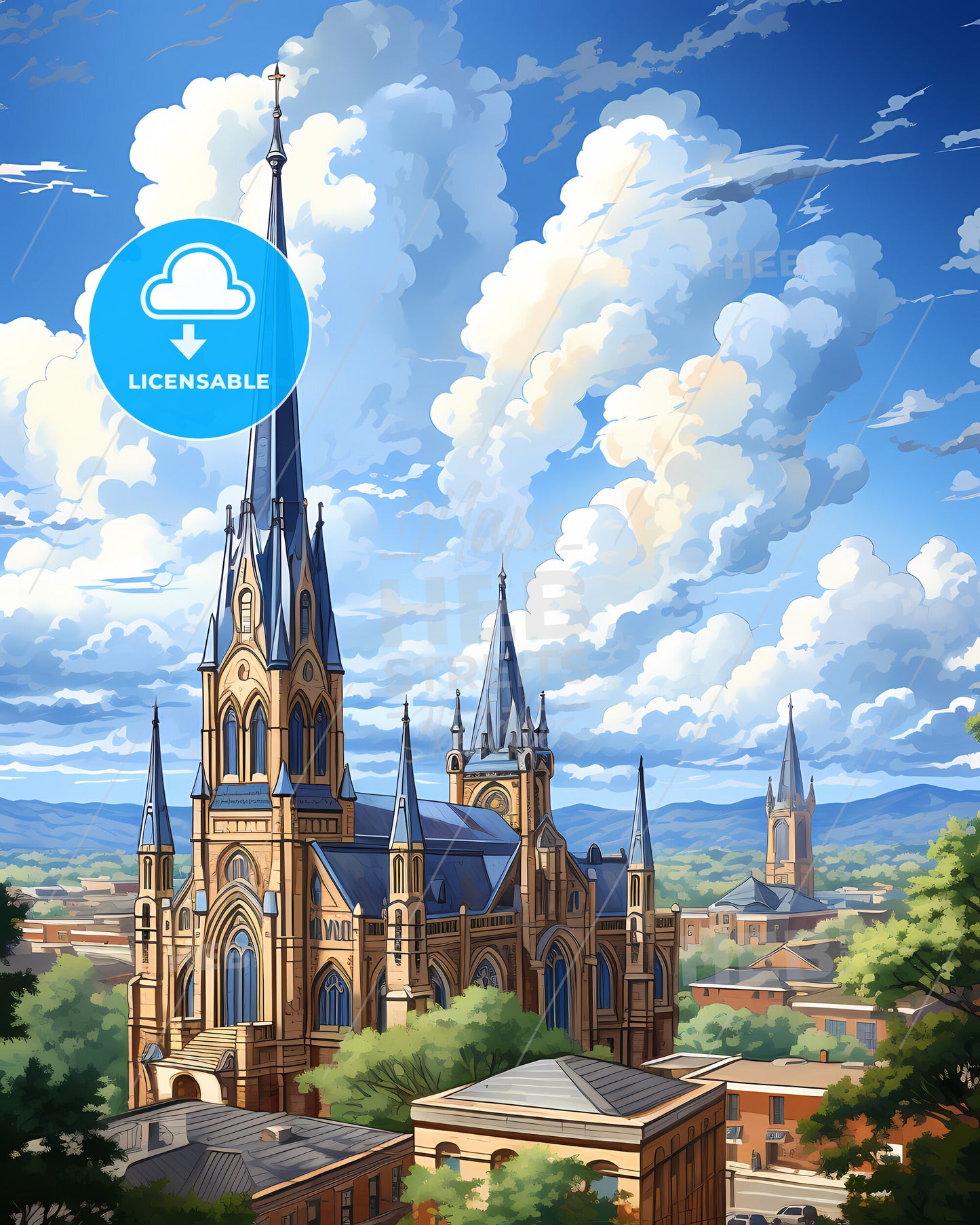 Birmingham, Alabama, a church with a steeple and trees in the background