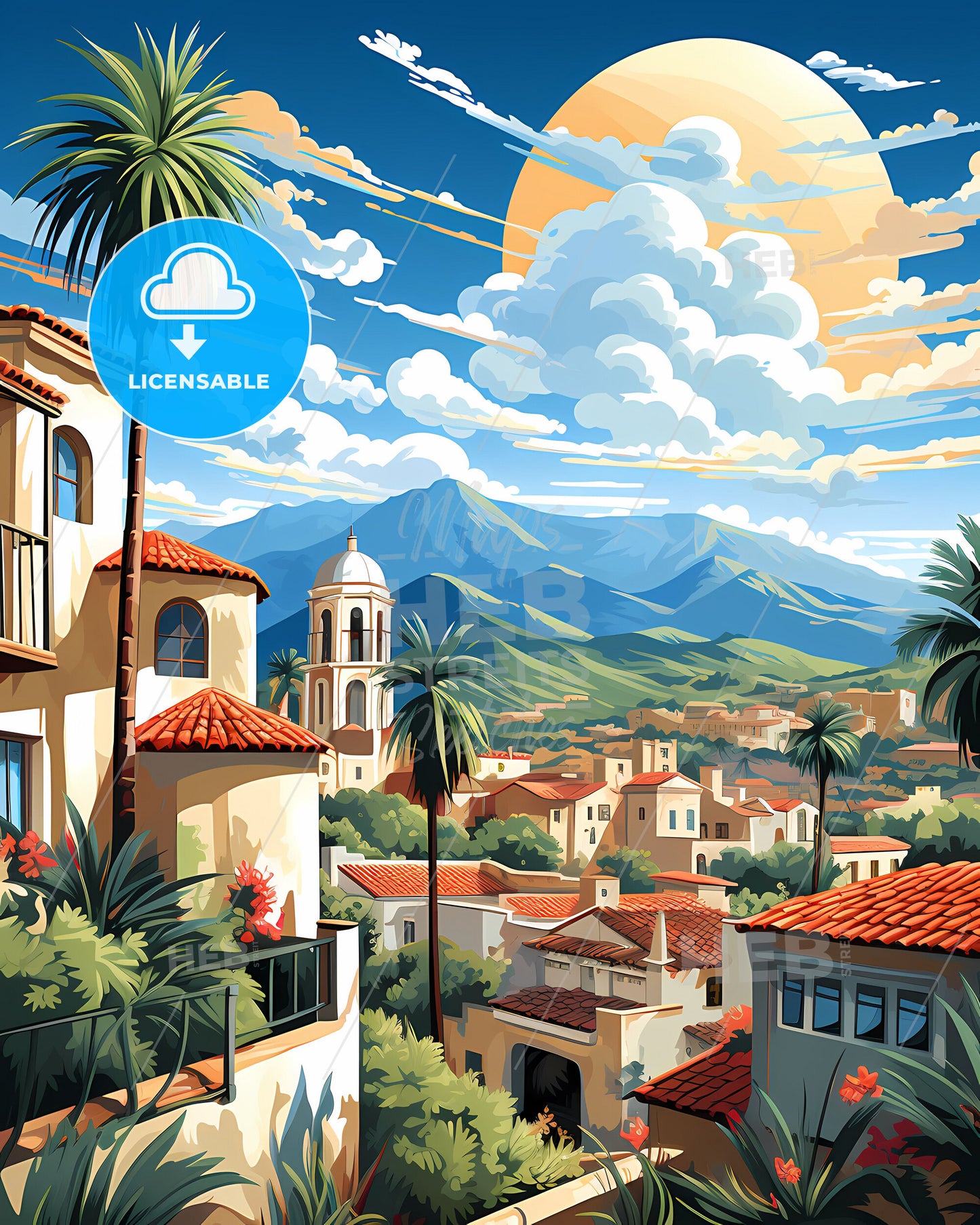 Vista, California, a painting of a town with mountains and trees