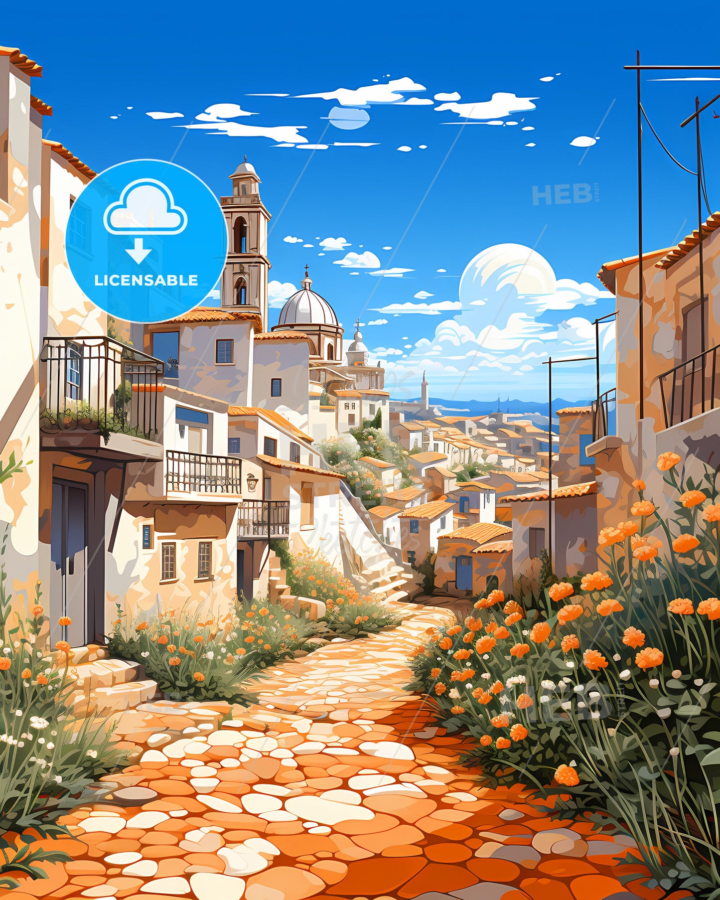 Guarda, Portugal, a stone path between buildings with orange flowers