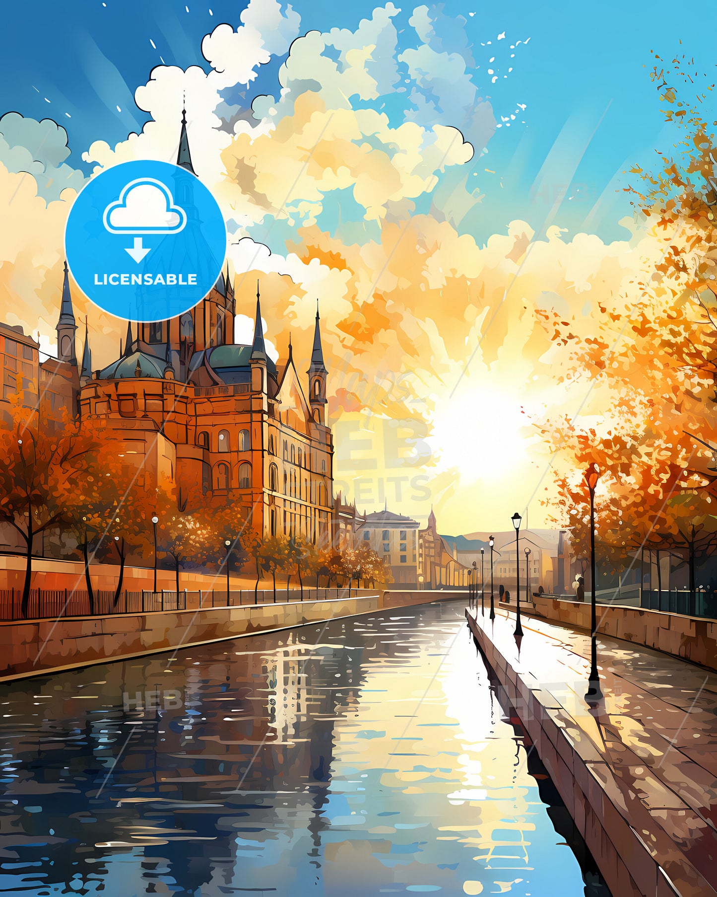 A Coruna, Spain, a water canal with a building and trees in the background