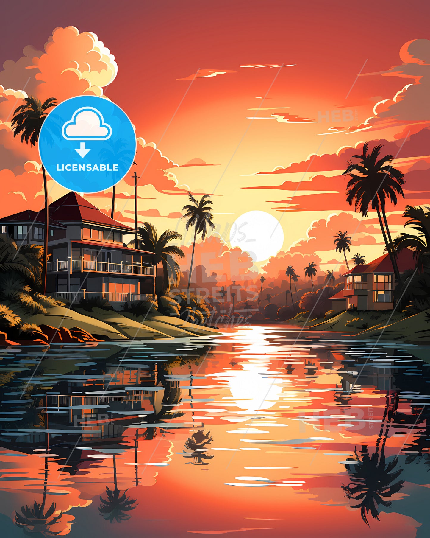 Homestead, Florida, a sunset over a body of water with houses and palm trees