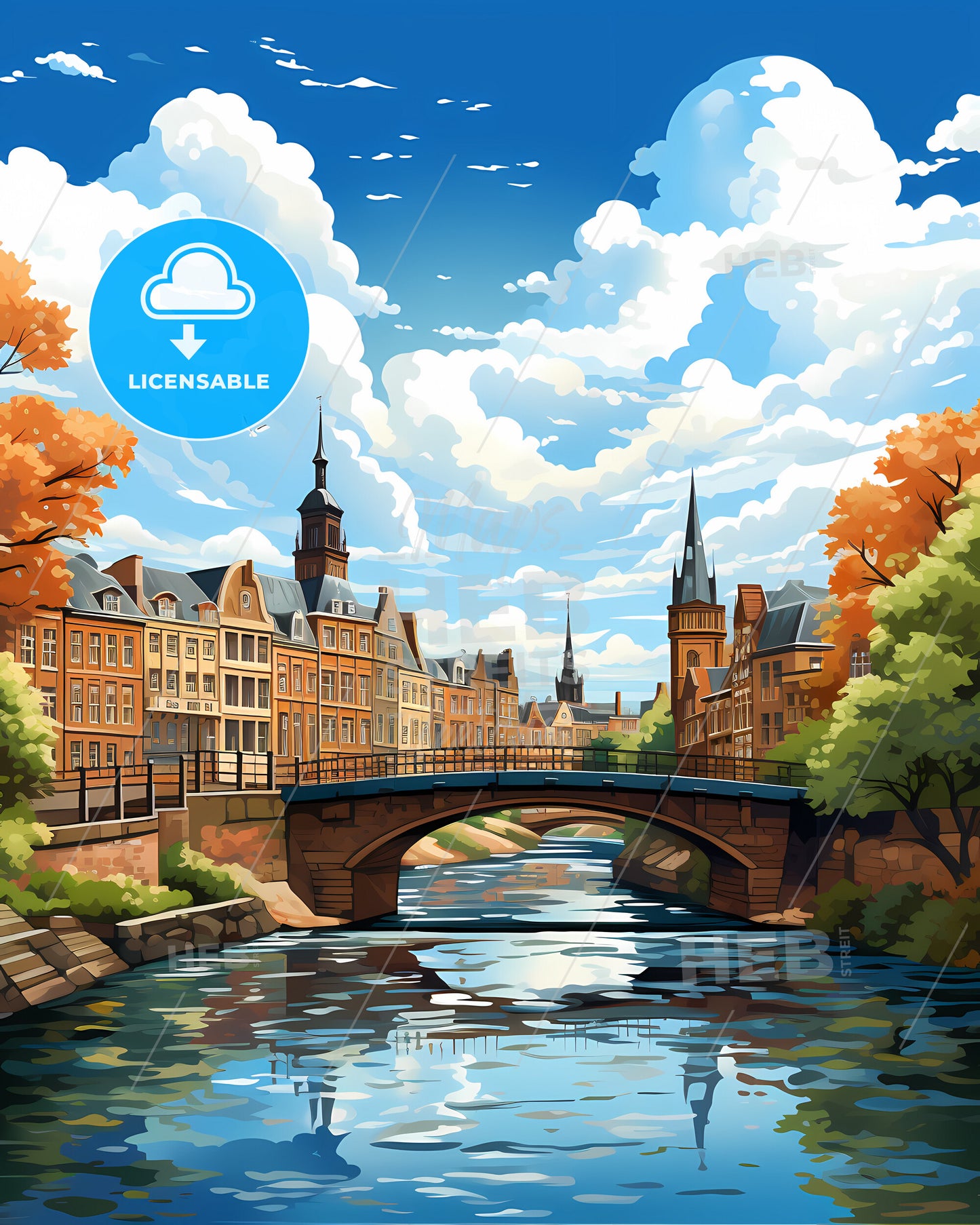 Haarlem, Netherlands, a bridge over a river with trees and buildings