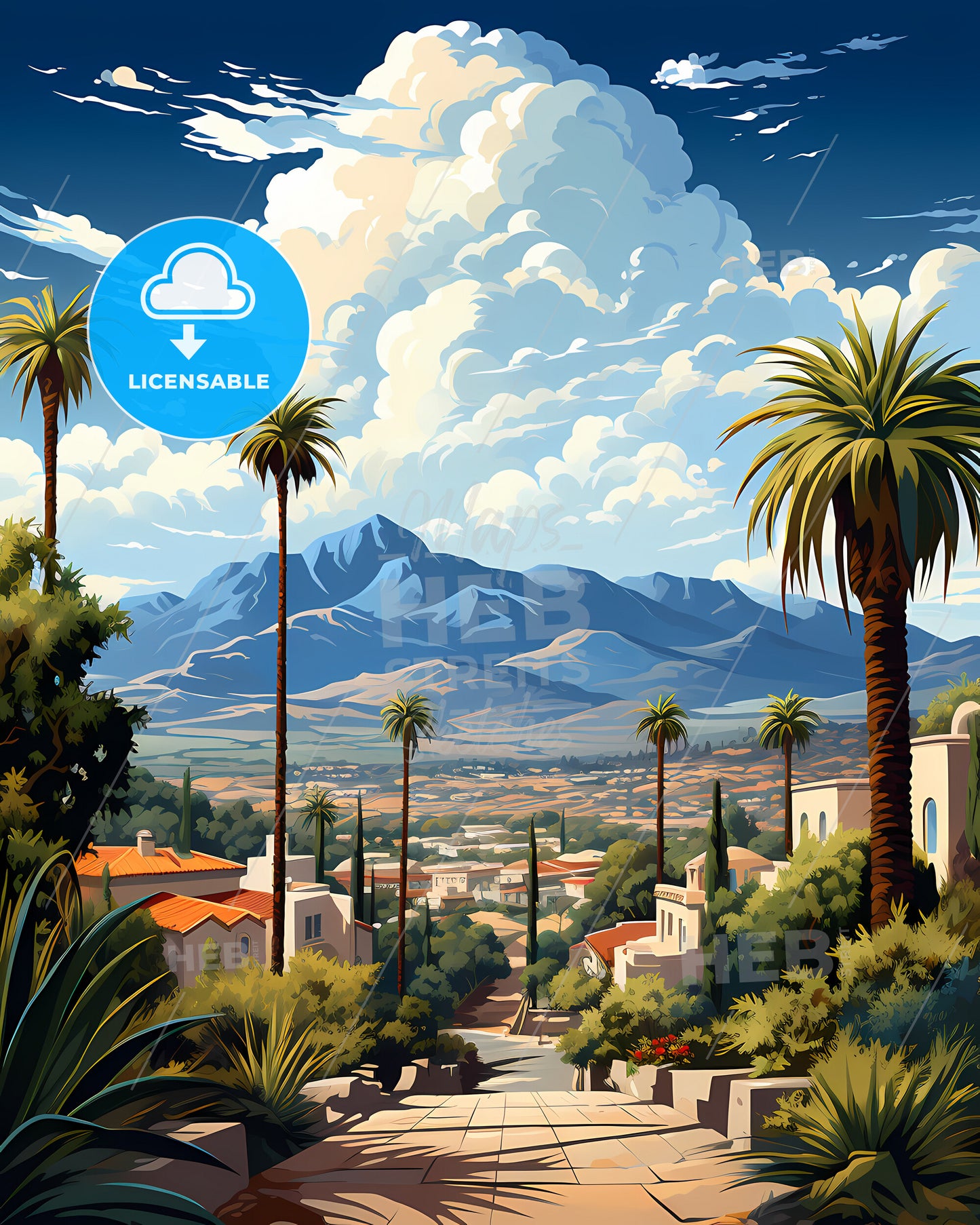Corona, California, a landscape of a town with palm trees and mountains