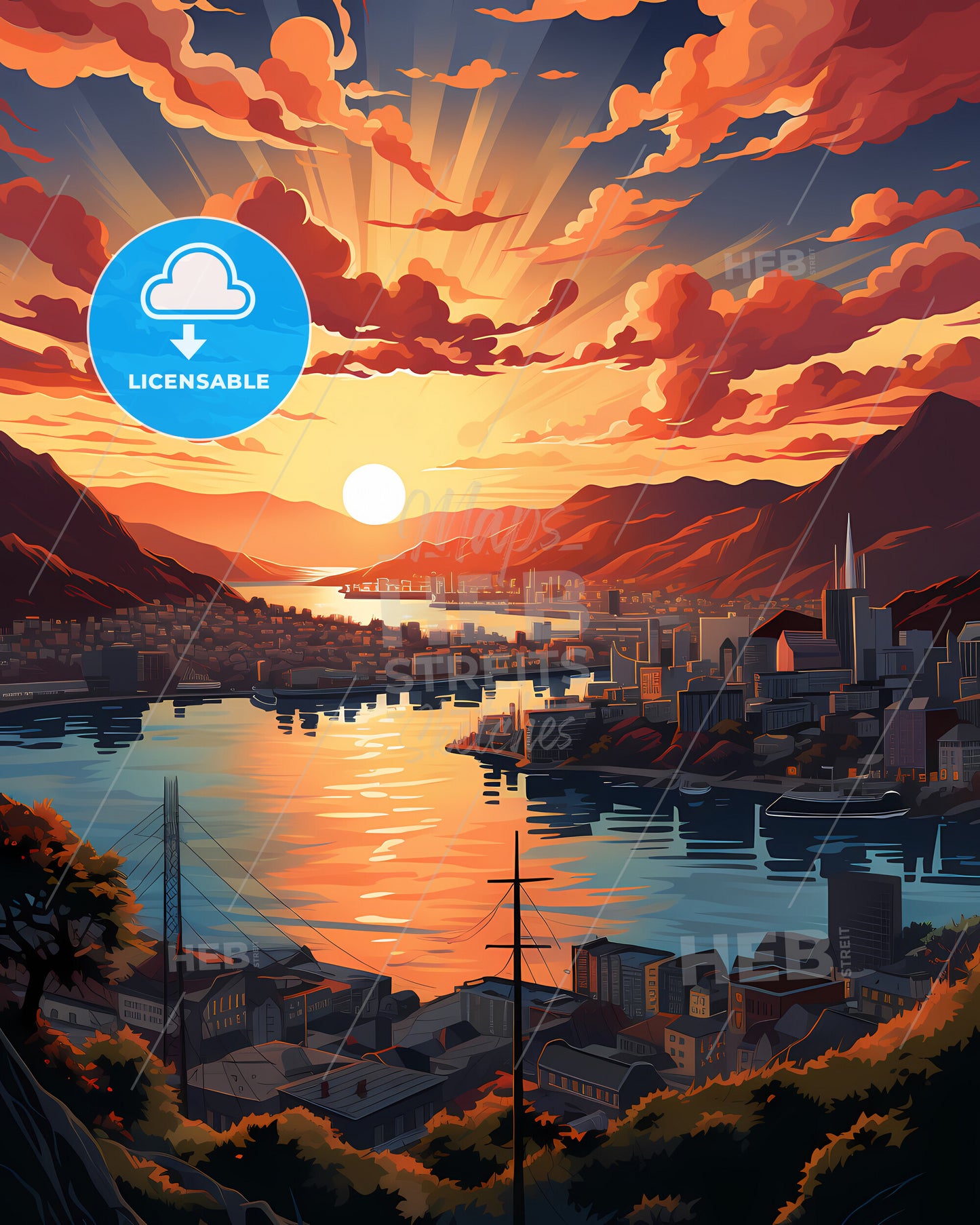 Bergen, Norway, a sunset over a city