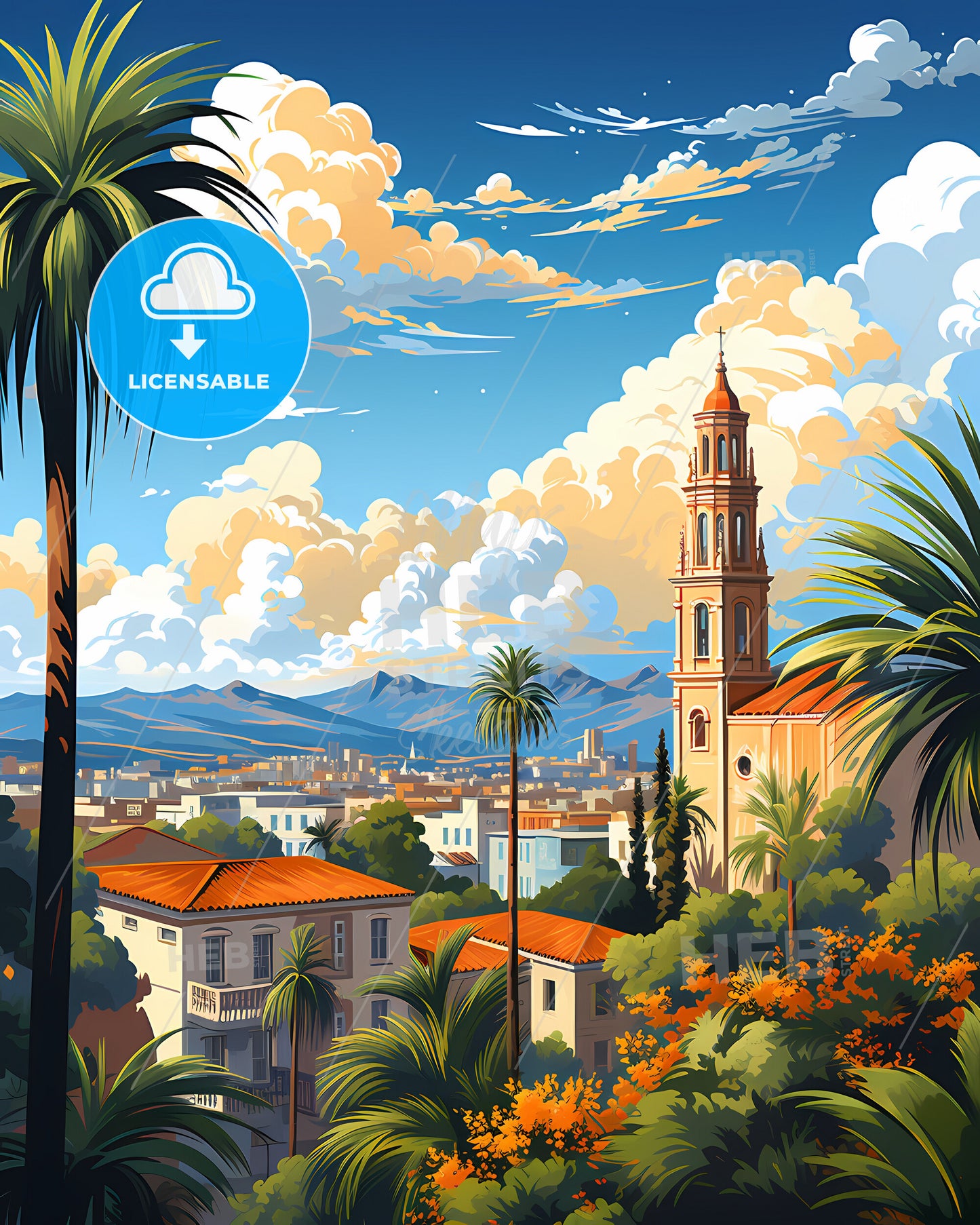 Orange, California, a landscape of a city with palm trees and a tower