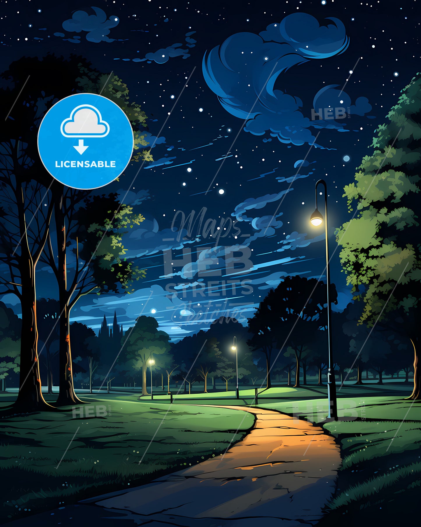 Middlesbrough, North East England, a path in a park at night