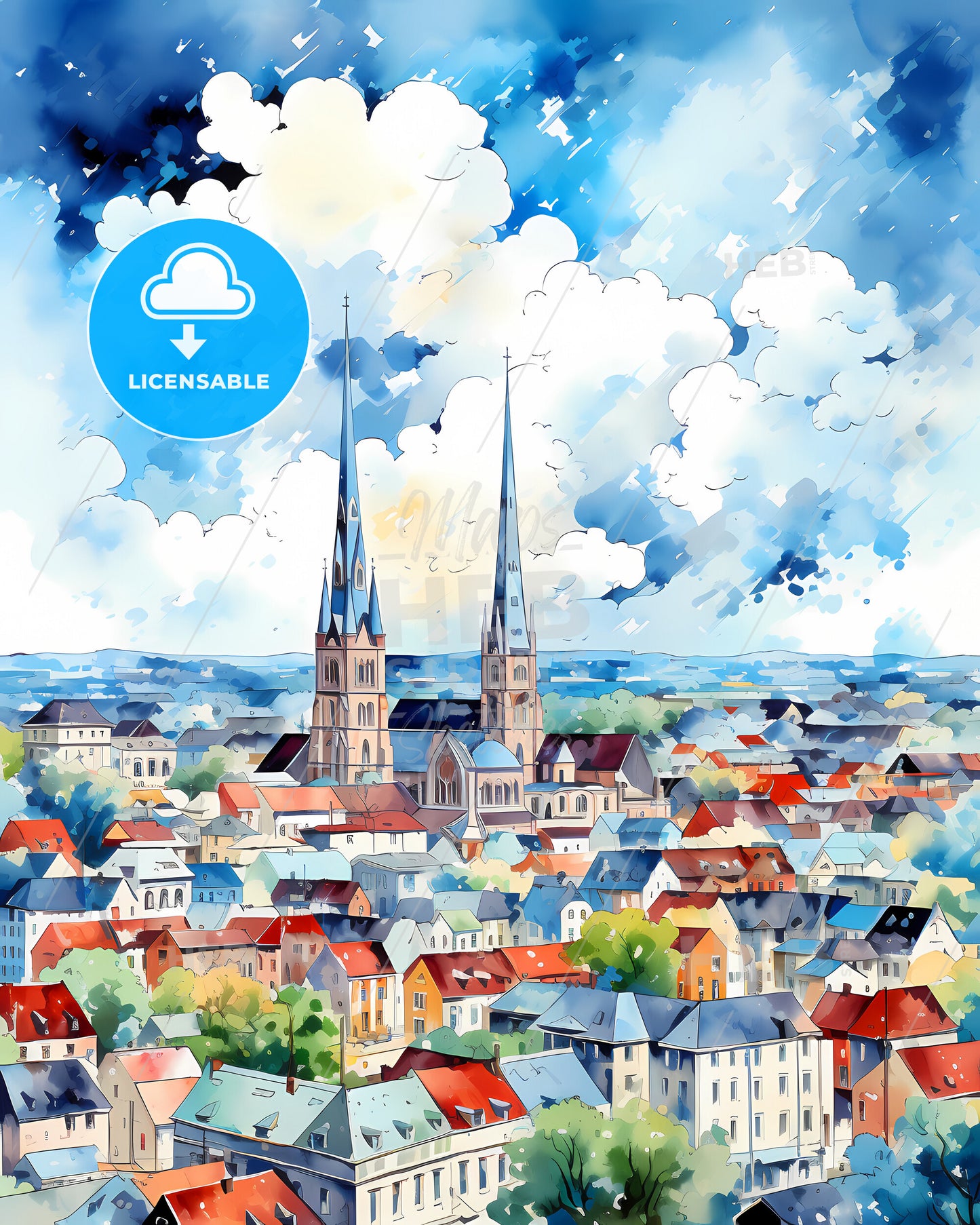 Mullingar, County Westmeath, a watercolor painting of a city