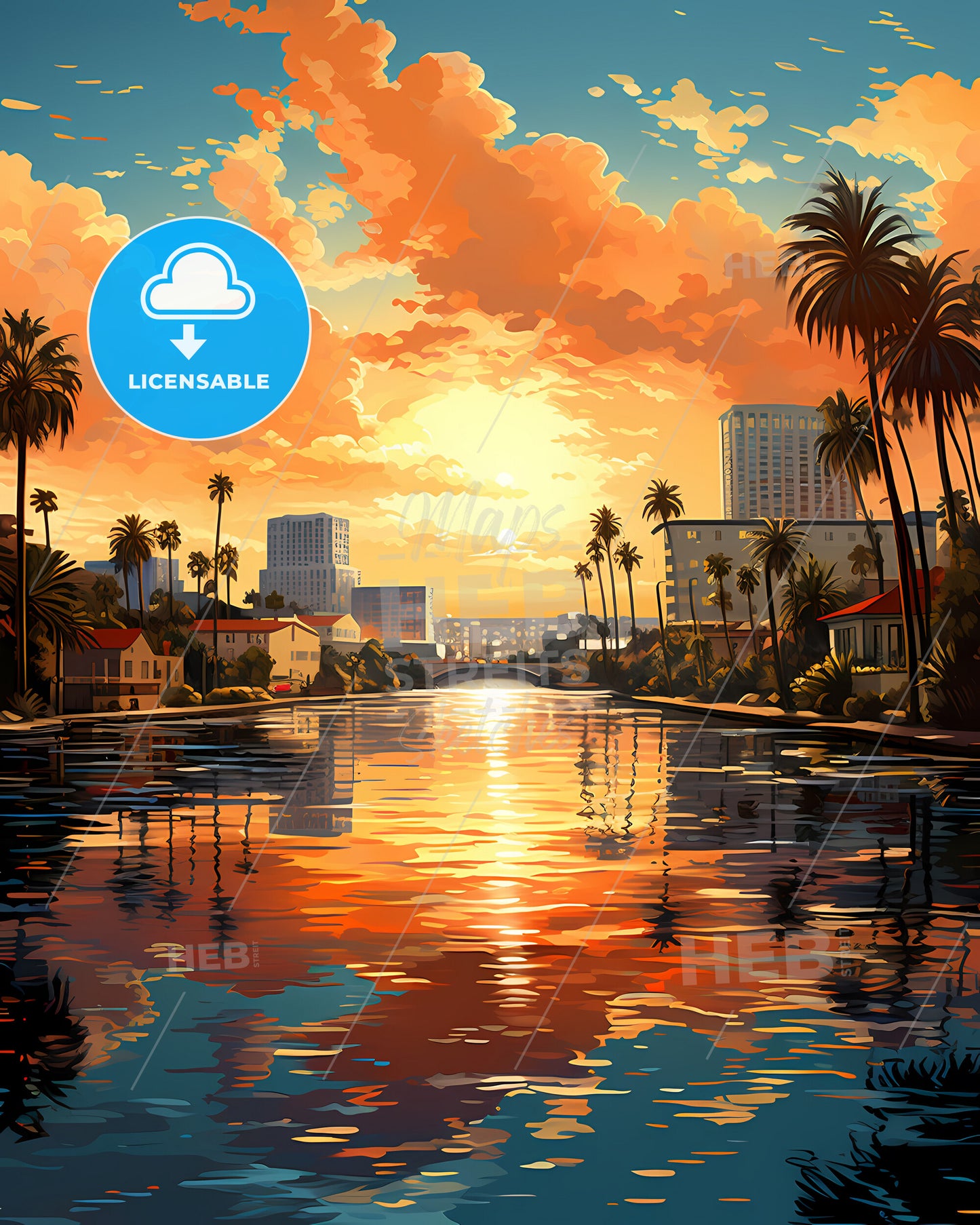 Fort Lauderdale, Florida, a water way with palm trees and buildings in the background