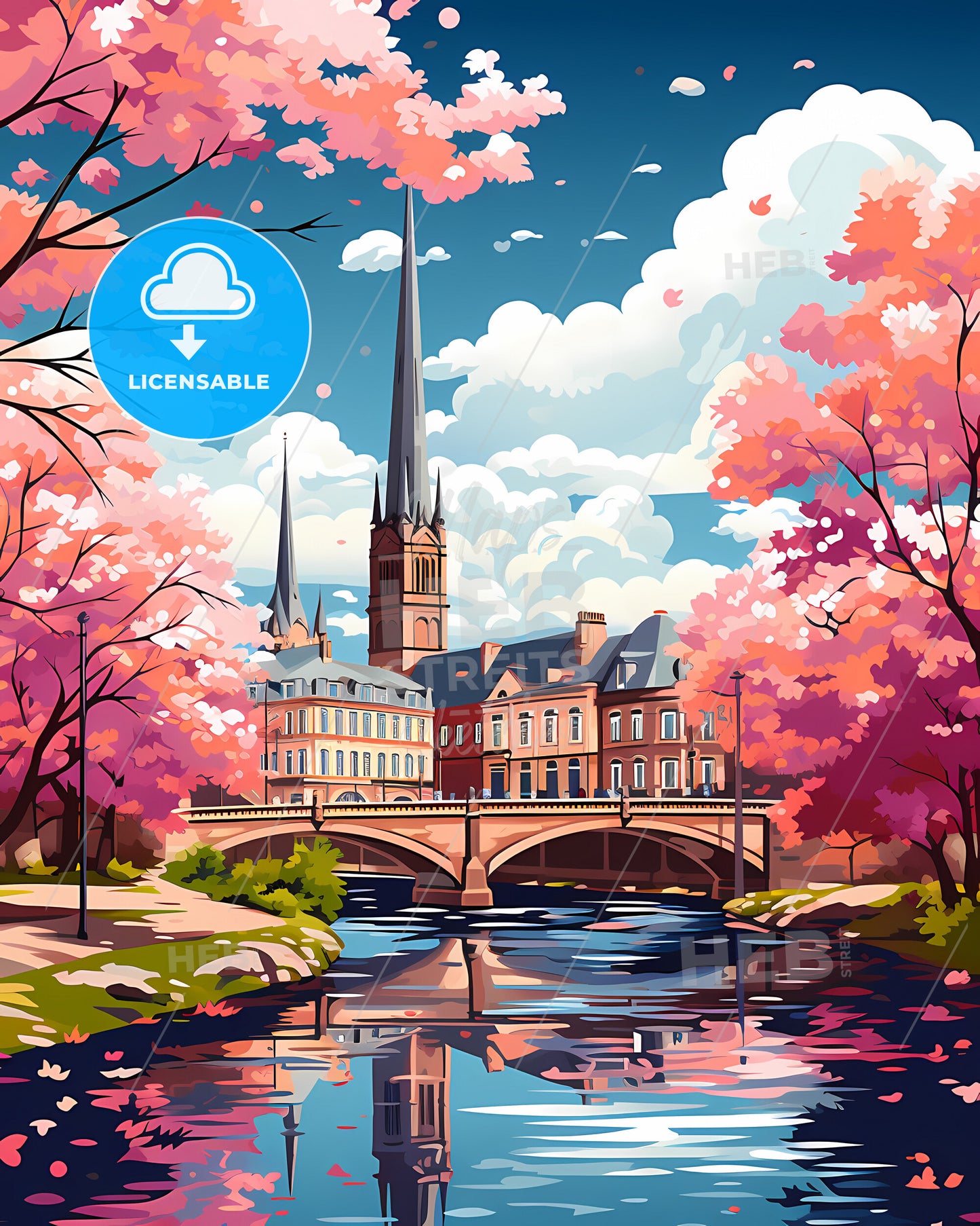 Heusden, Netherlands, a bridge over a river with a church and trees