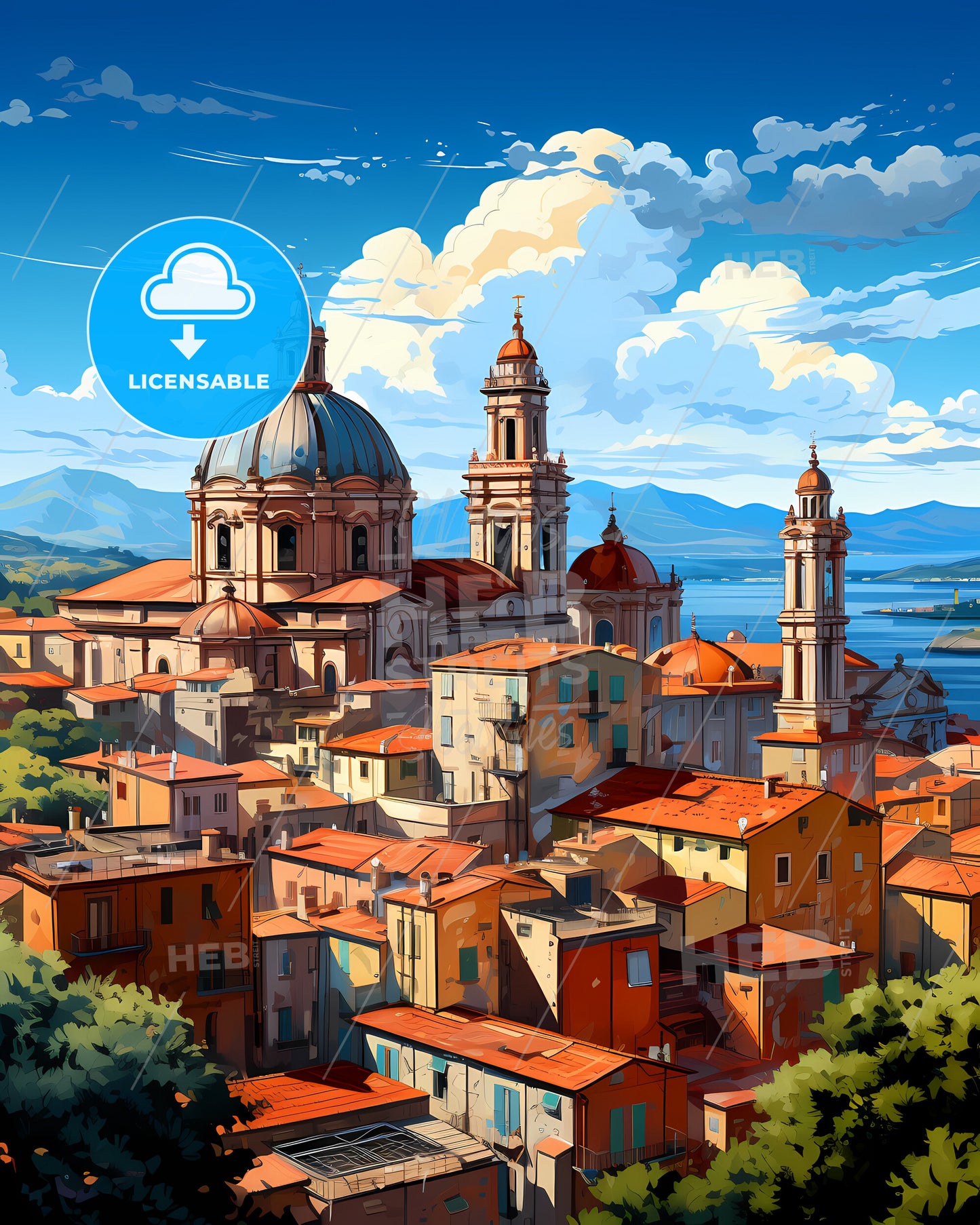 Acireale, Italy, a large building with red roofs and a body of water