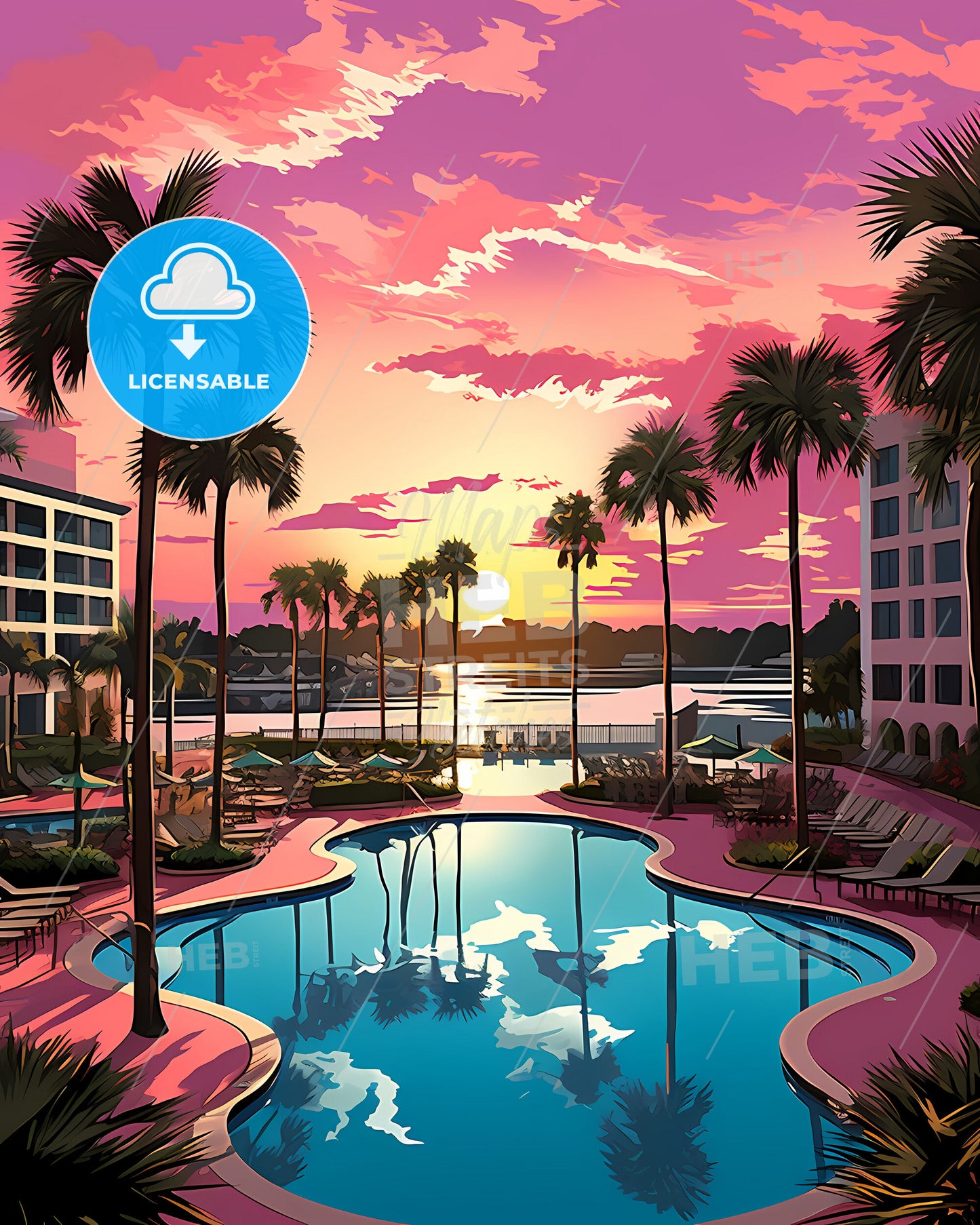 West Palm Beach, Florida, a pool with palm trees and a pink sunset