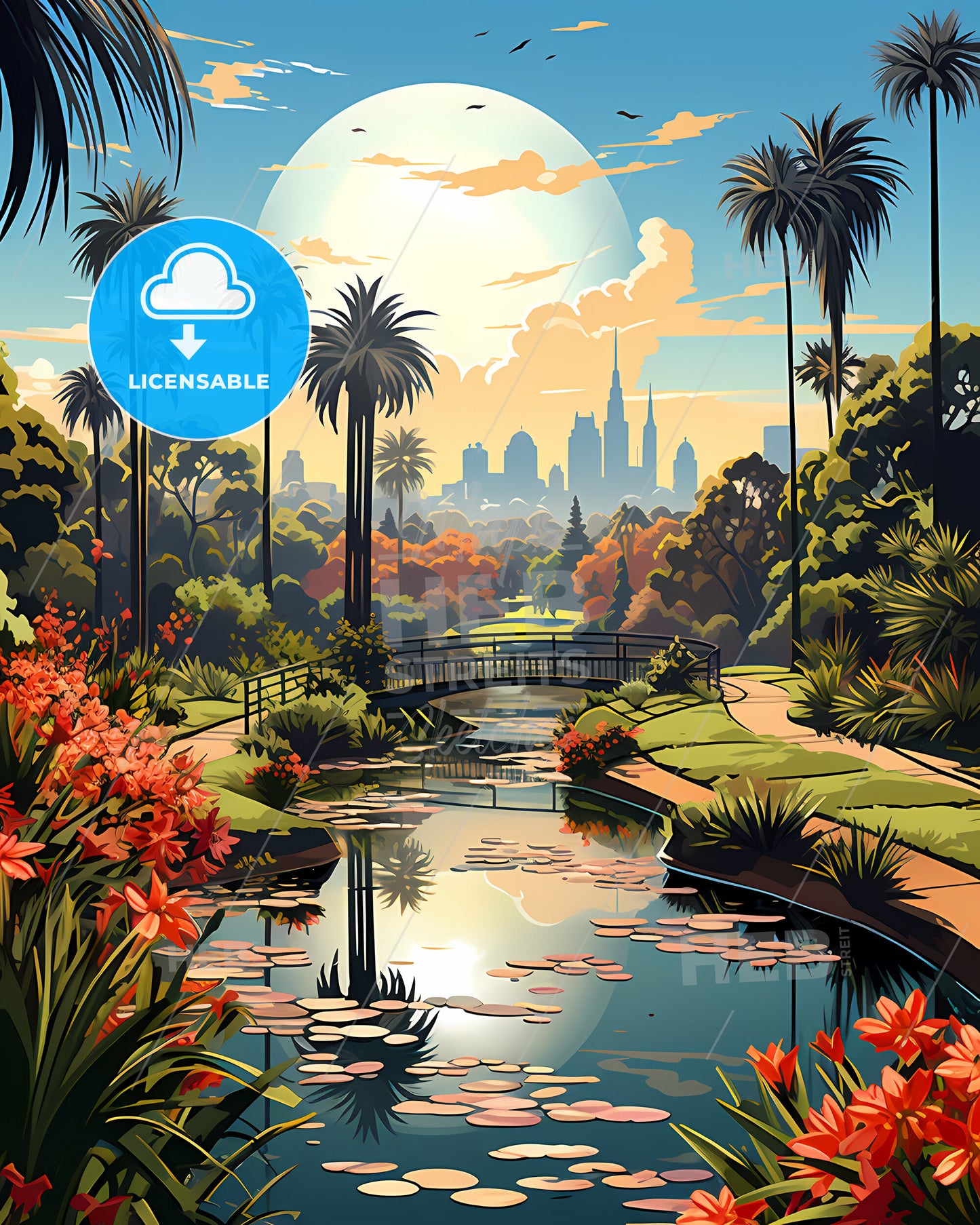 Miami Gardens, Florida, a river with a bridge and flowers