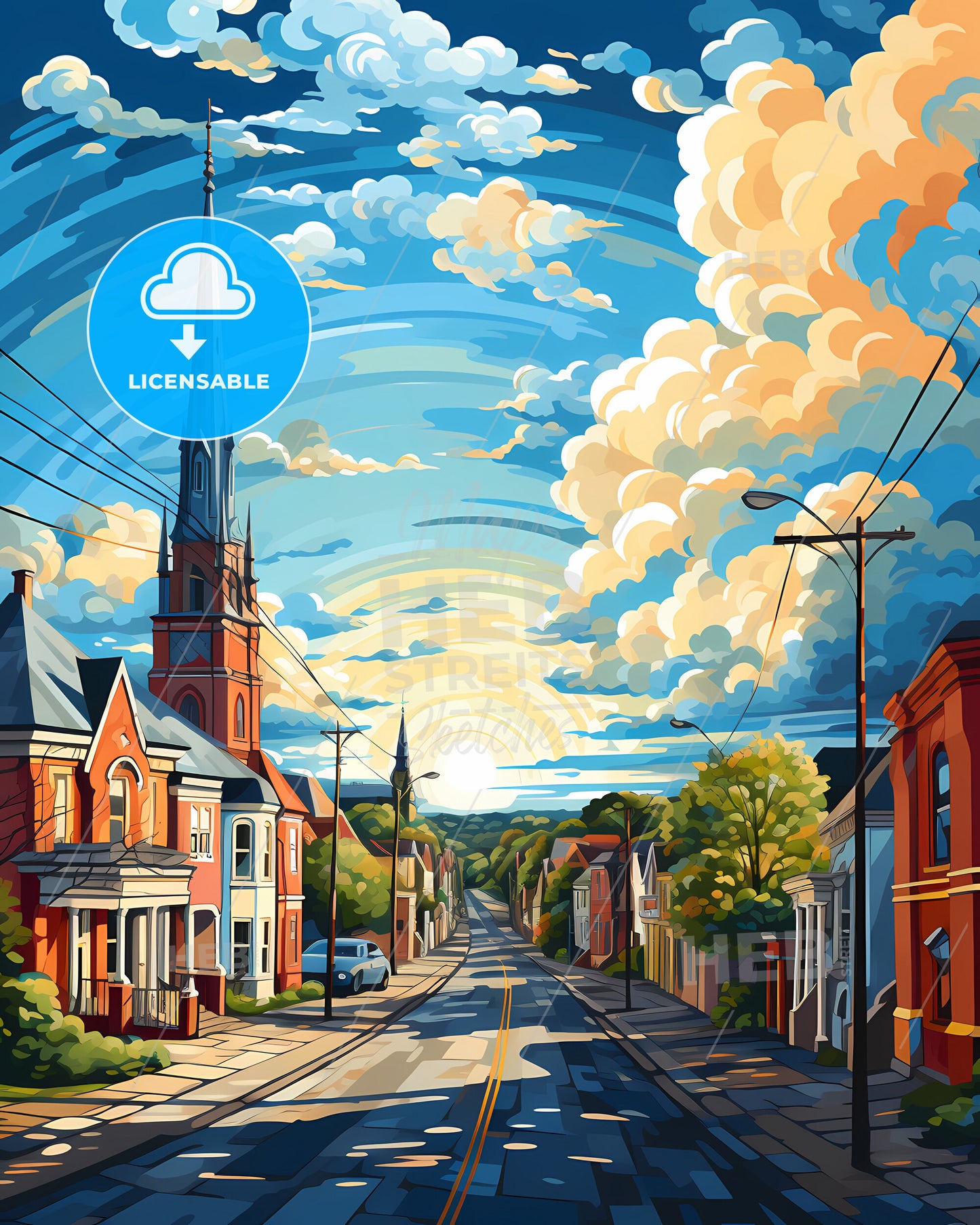 Ipswich, East of England, a street with a church steeple and trees