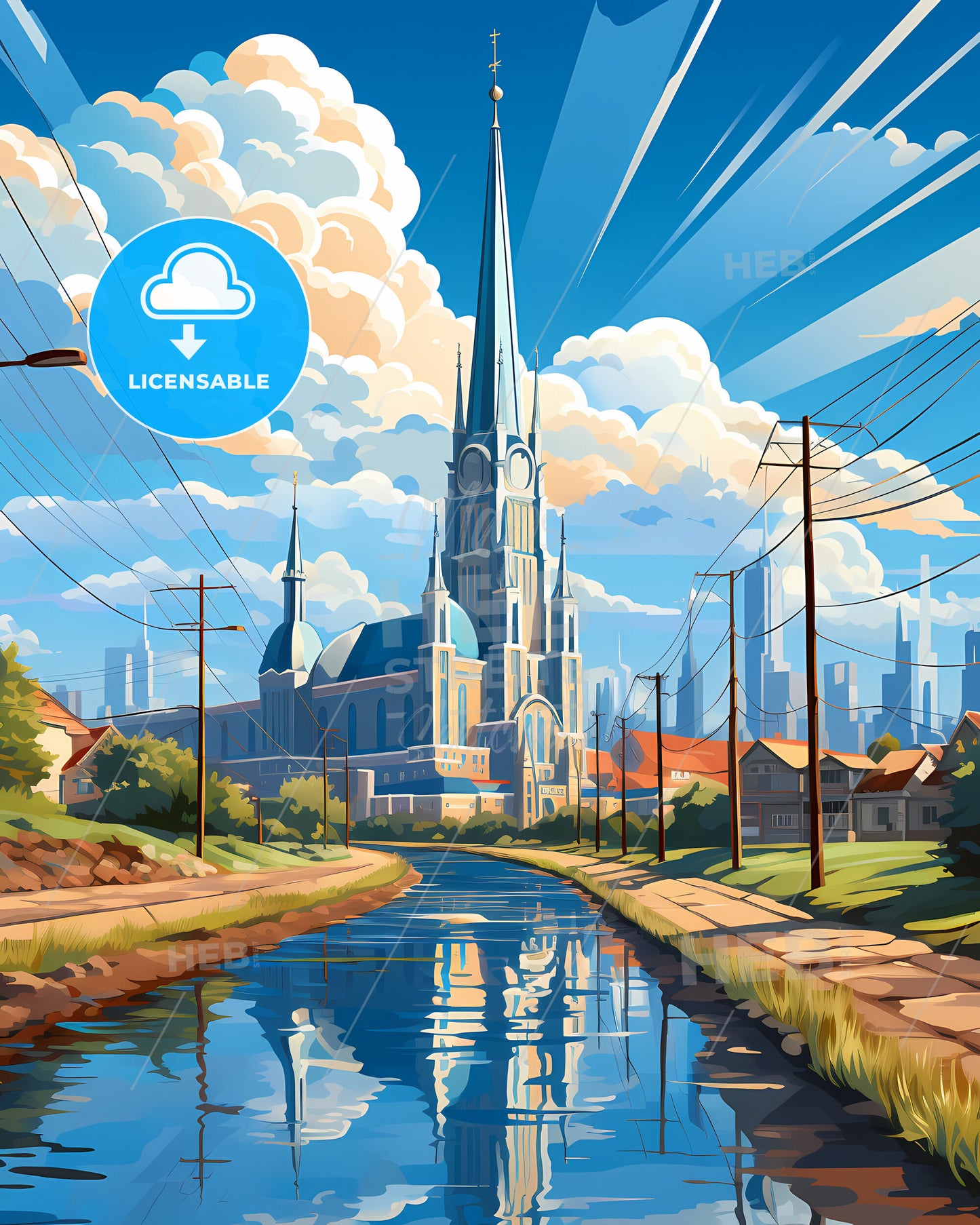 Petropavl, Kazakhstan, a water way with a church and buildings in the background