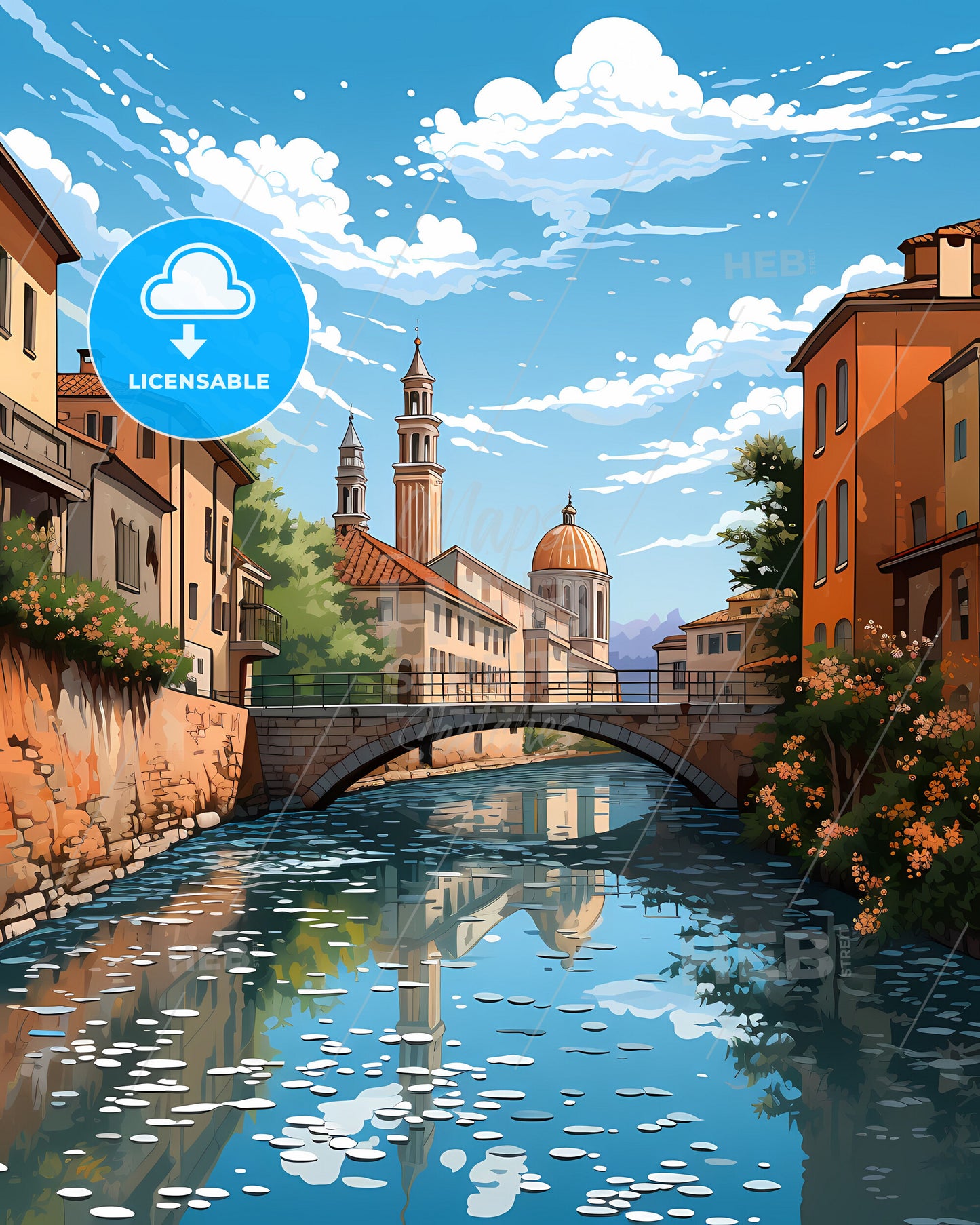 Treviso, Italy, a bridge over a river with buildings and a church