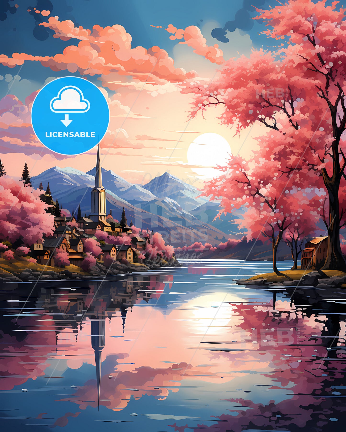 Skien, Norway, a painting of a town on a river with pink trees and mountains