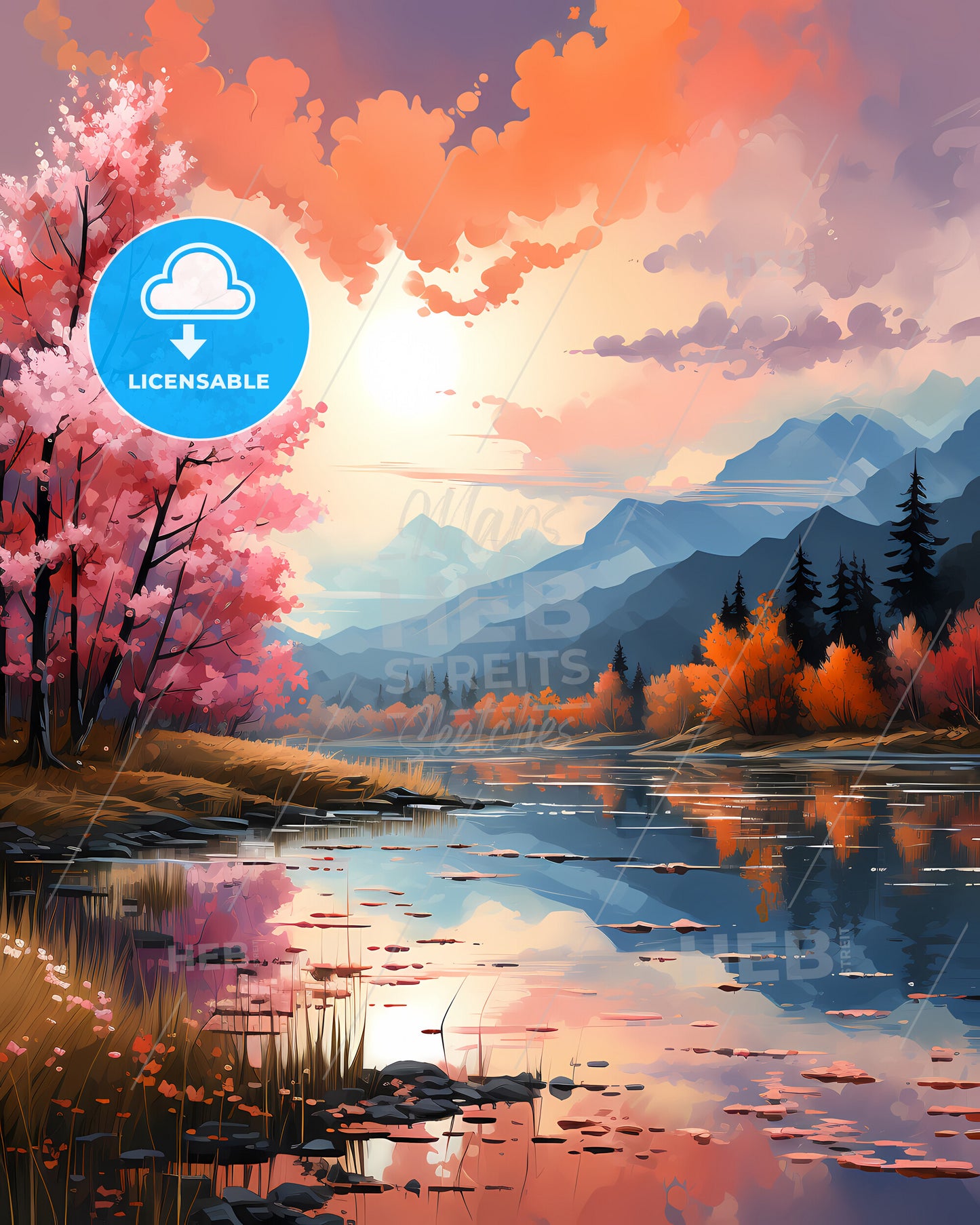 Steenwijkerland, Netherlands, a lake with pink trees and mountains in the background