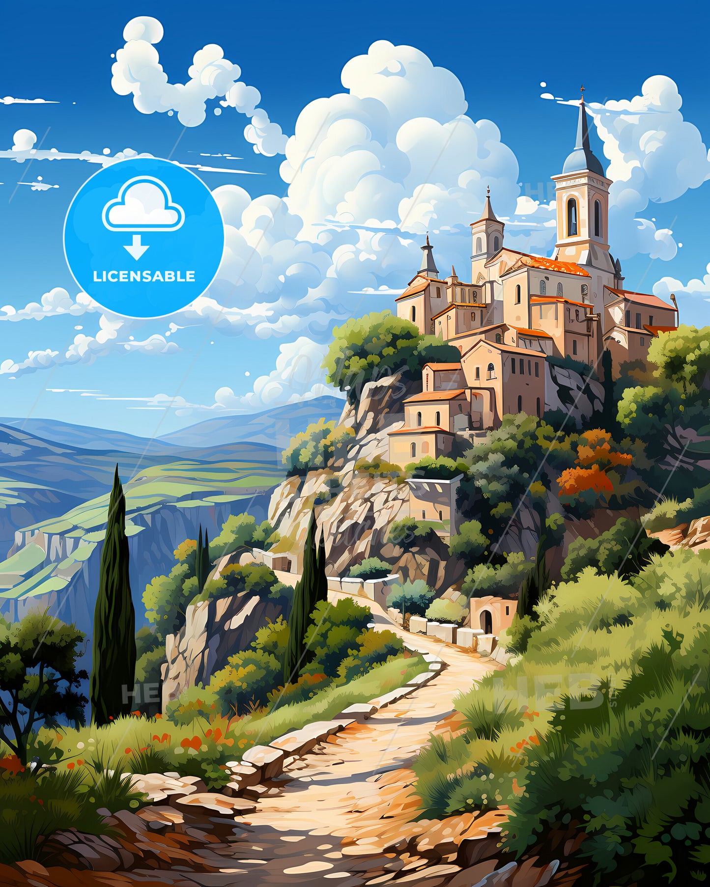 Potenza, Italy, a painting of a building on a hill