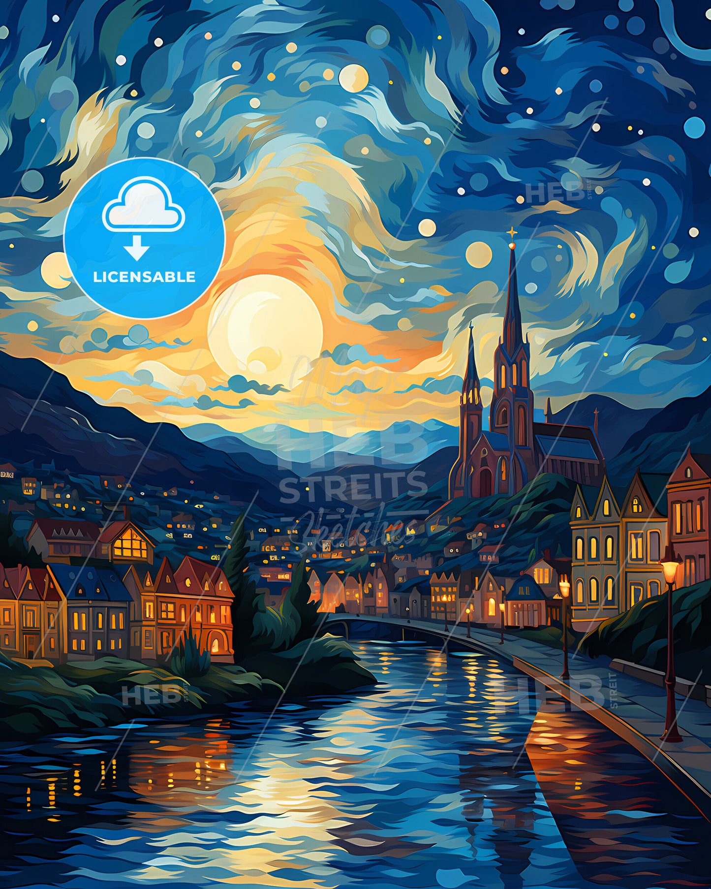 A Coruna, Spain, a painting of a town with a river and a church