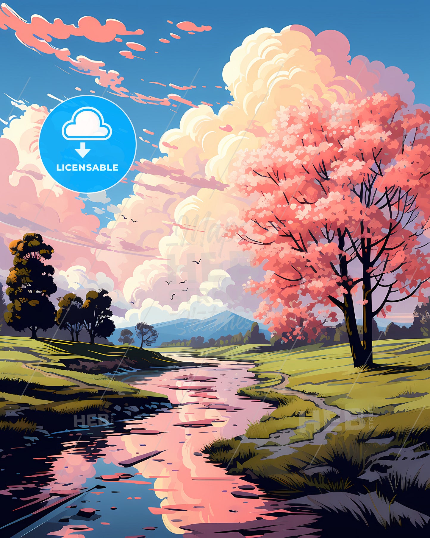 Arvada, Colorado, a river running through a grassy field with trees and pink flowers