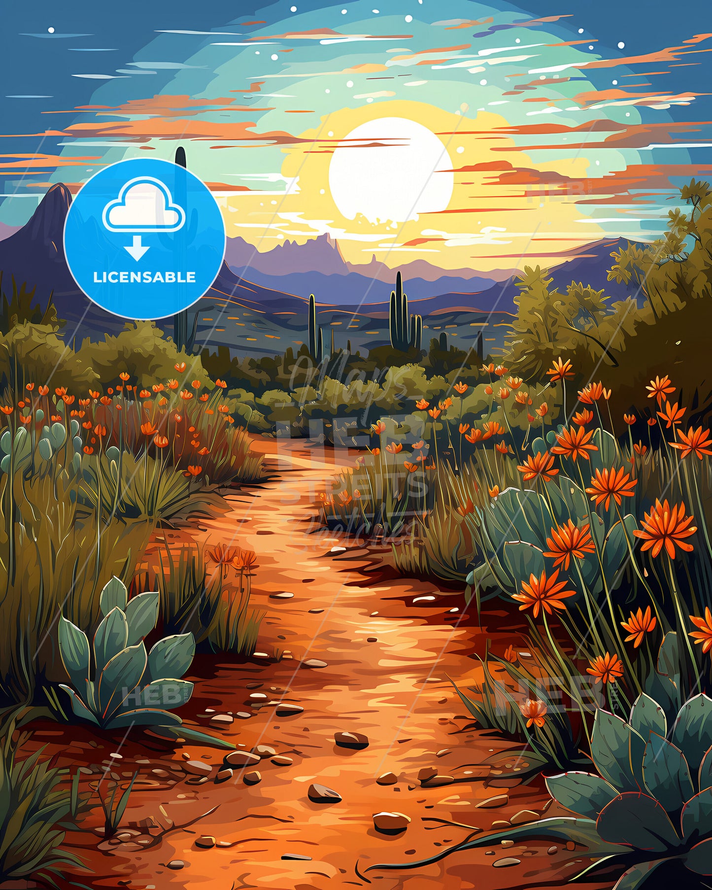 El Cajon, California, a dirt path through a desert with cactuses and mountains