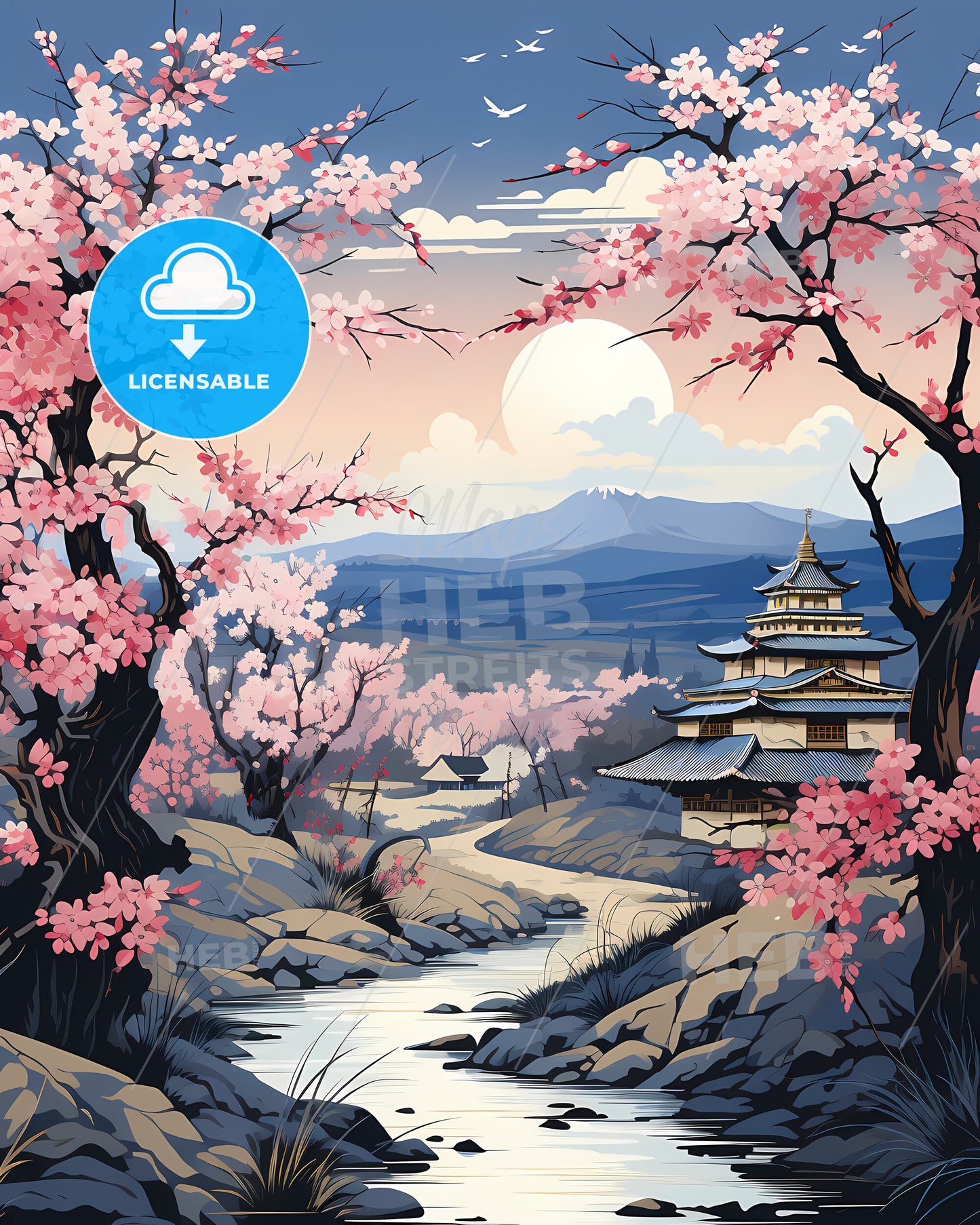 Longmont, Colorado, a painting of a river running through a landscape with a pagoda and trees