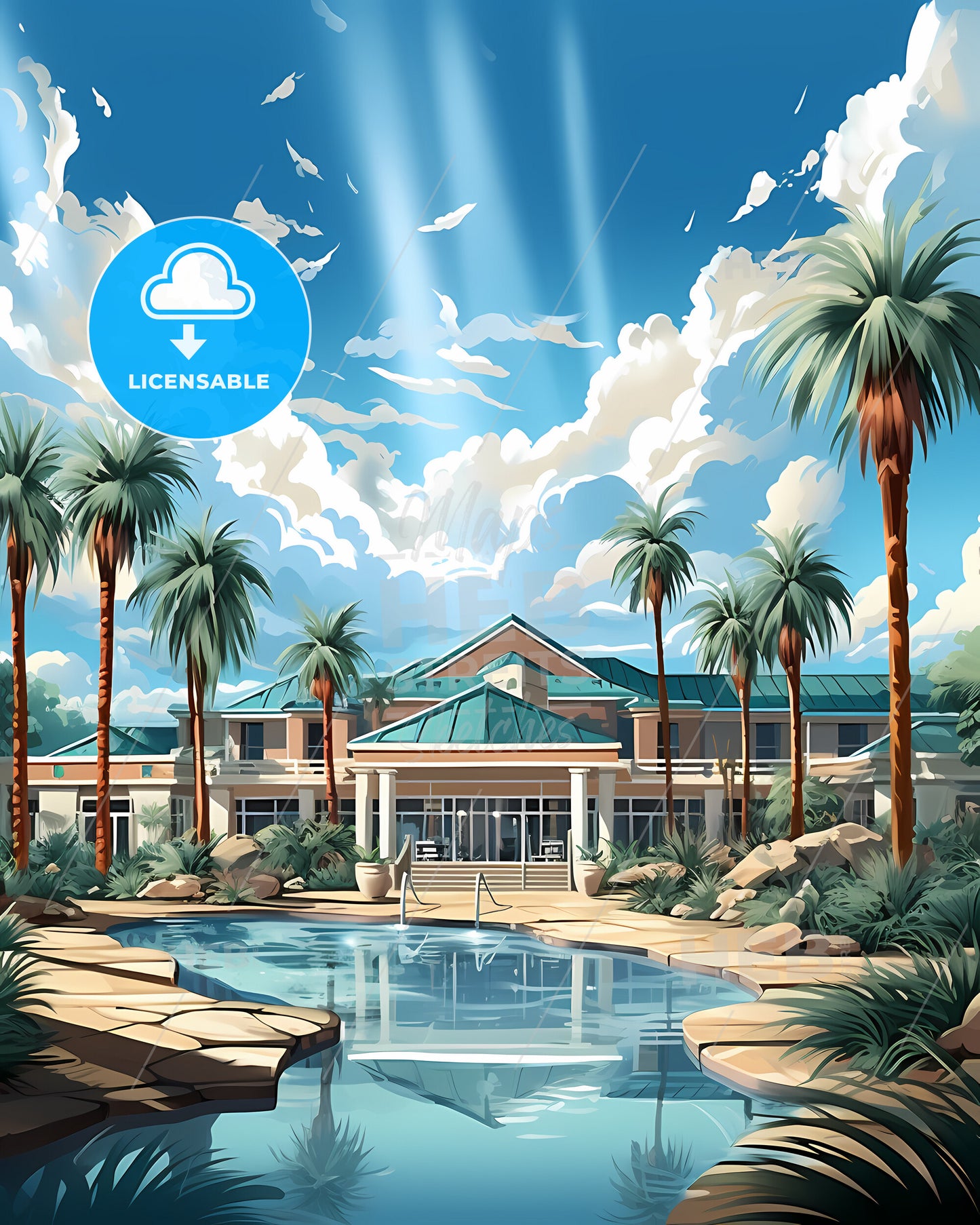 Perris, California, a pool with palm trees and a building