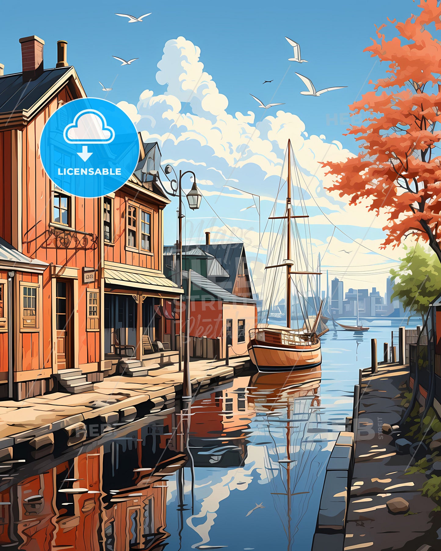 Zaanstad, Netherlands, a painting of a canal with buildings and a boat