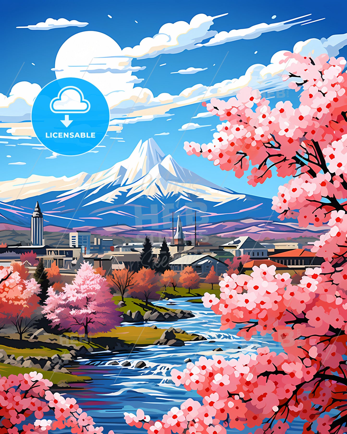 Idaho Falls, Idaho, a river running through a town with pink flowers