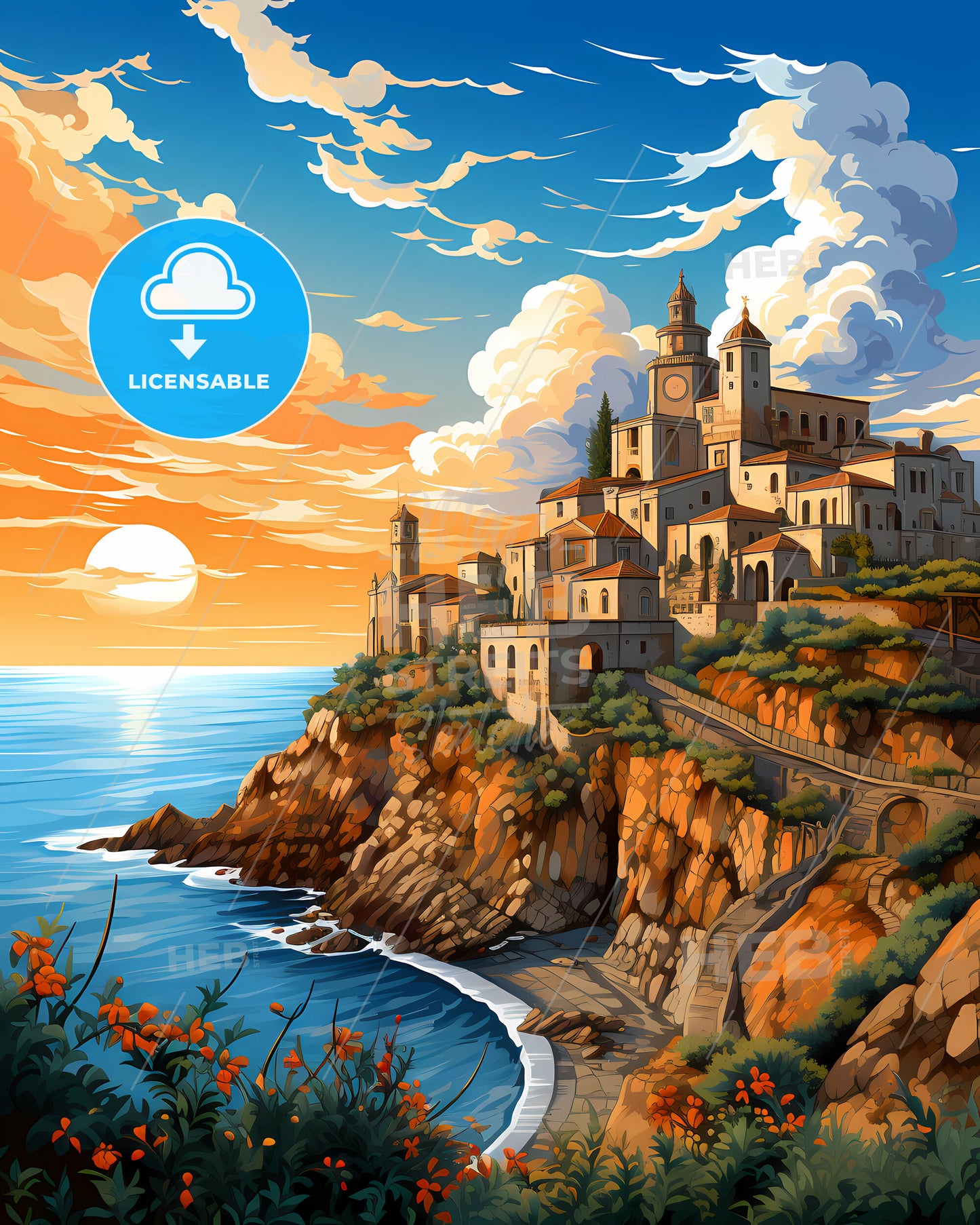 Pescara, Italy, a painting of a town on a cliff by the ocean