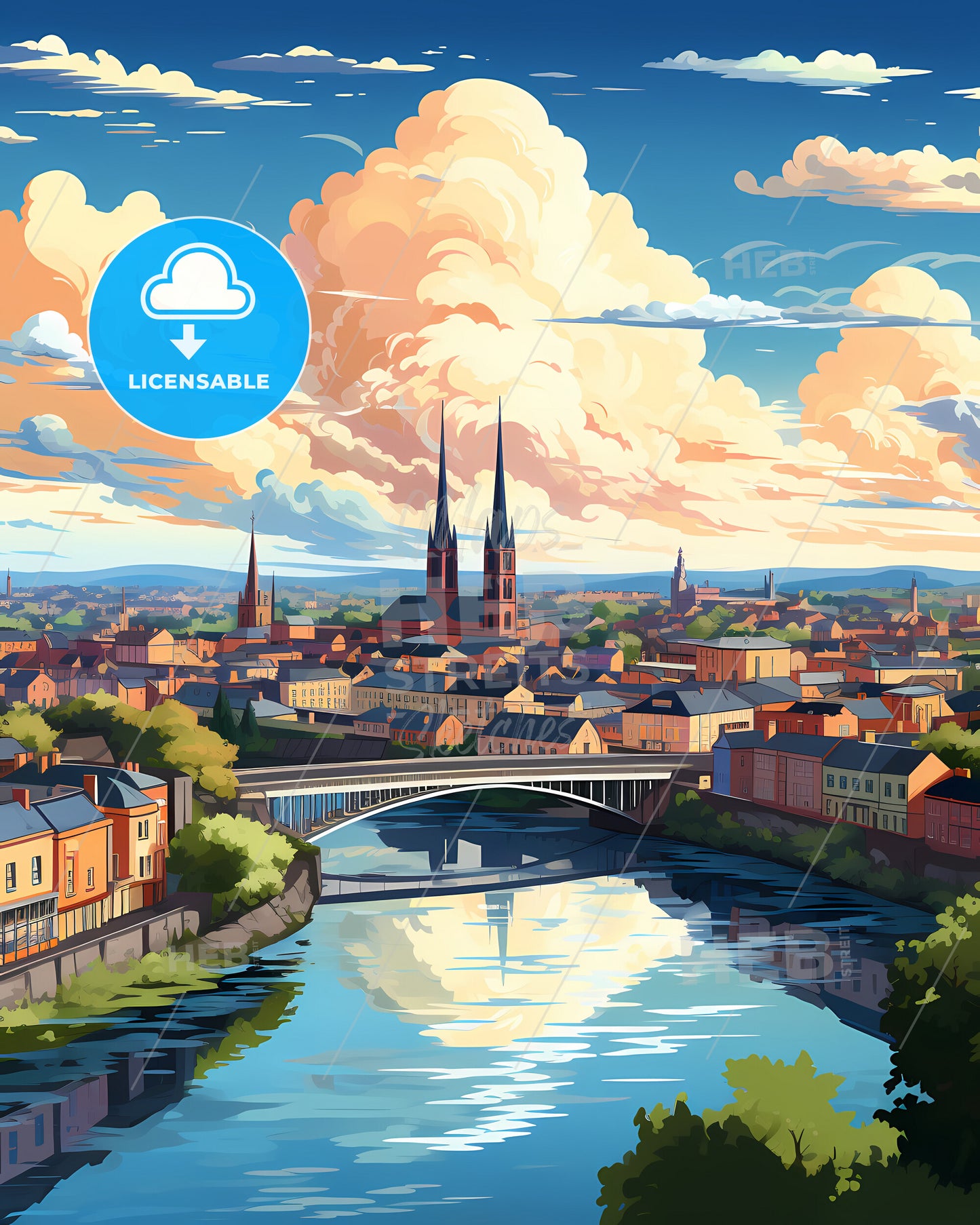 Drogheda, County Louth & County Meath, a river with a bridge over a city