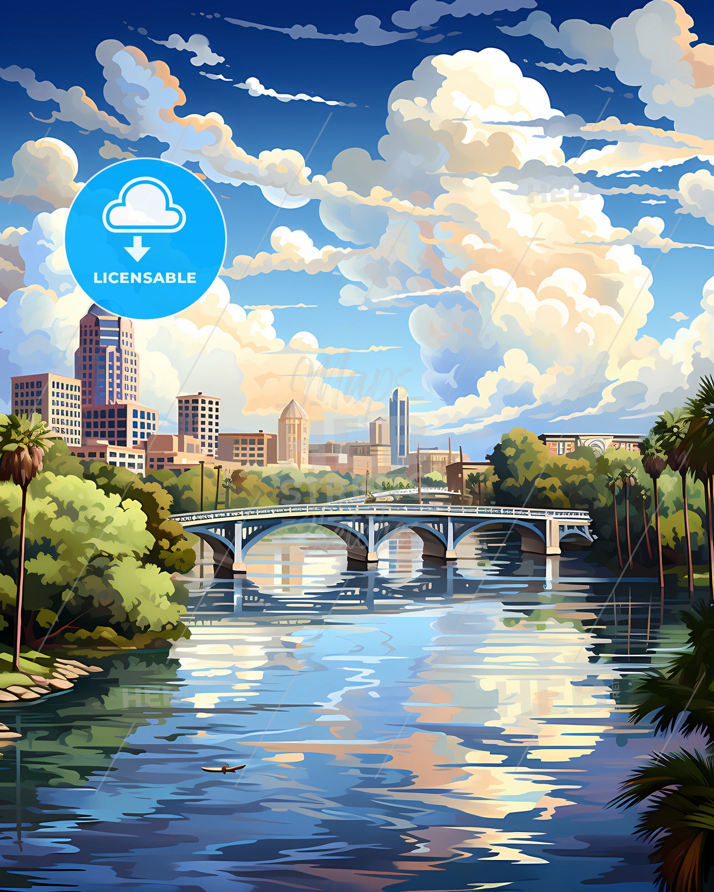 Lakeland, Florida, a bridge over a river with trees and buildings in the background