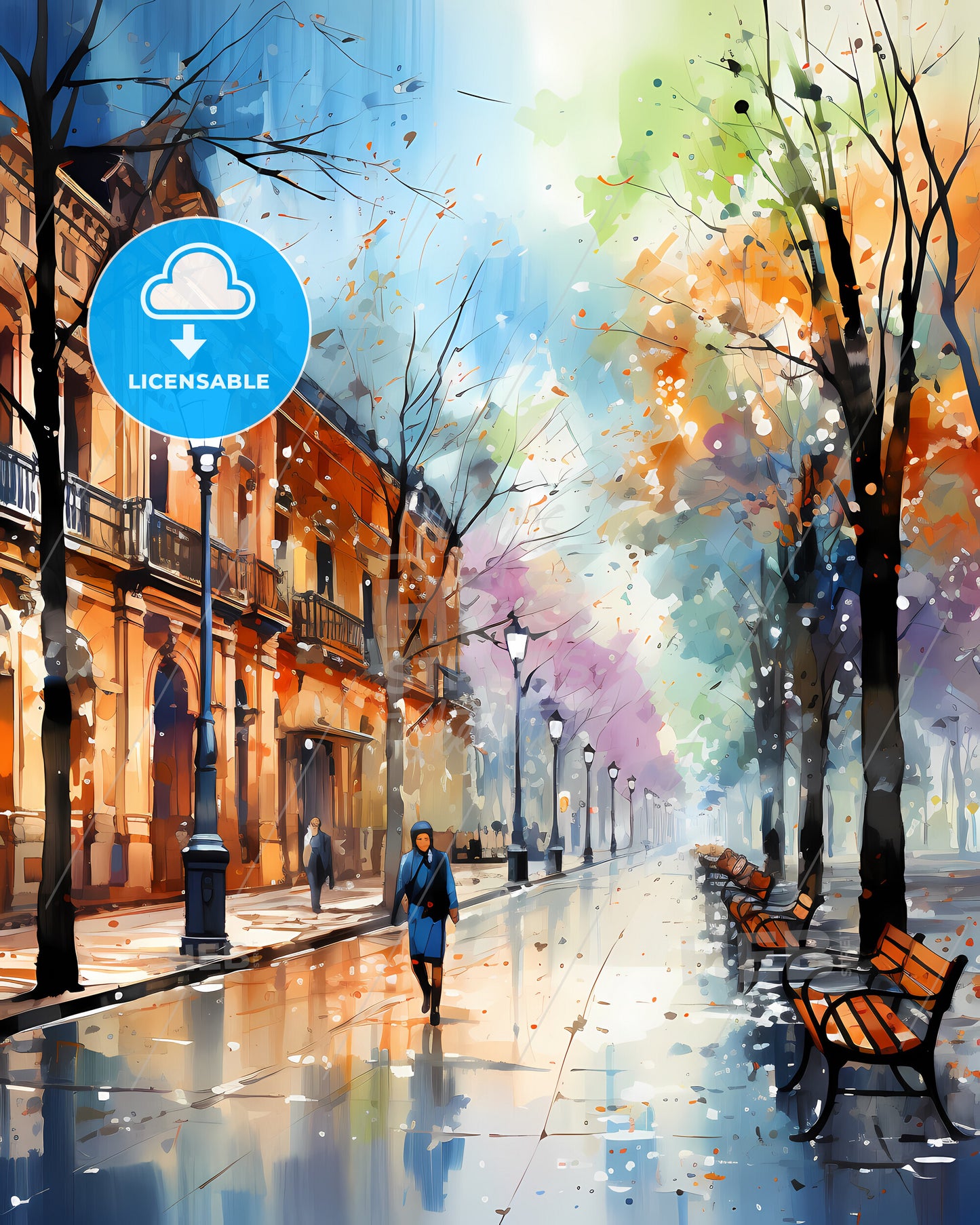 Gasteiz / Vitoria, Spain, a person walking on a sidewalk with benches and trees