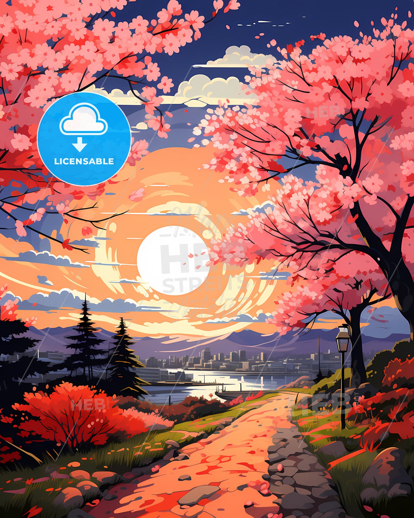 Huntsville, Alabama, a painting of a path with pink flowers and trees