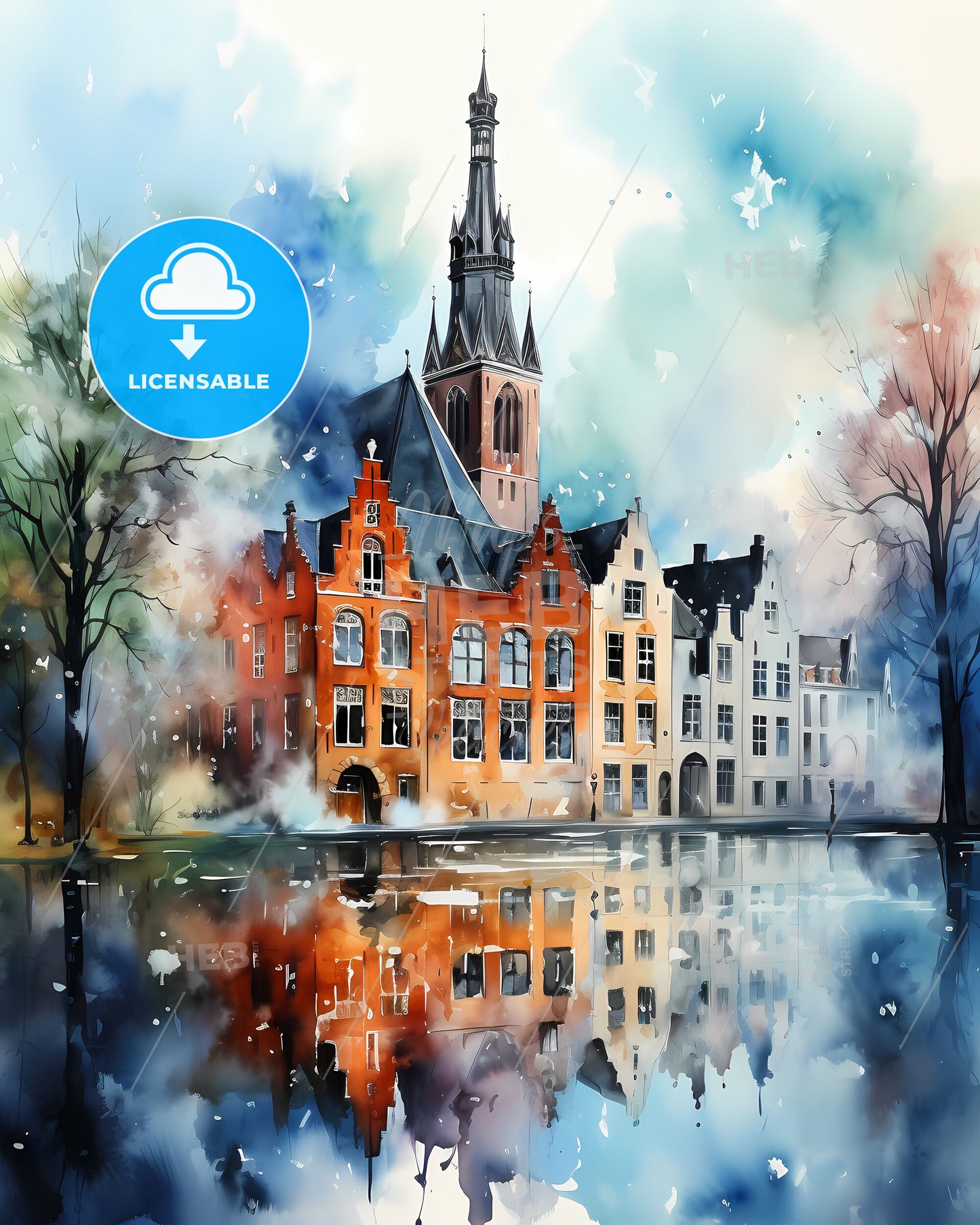 Utrecht, Netherlands, a watercolor painting of a building with a tower