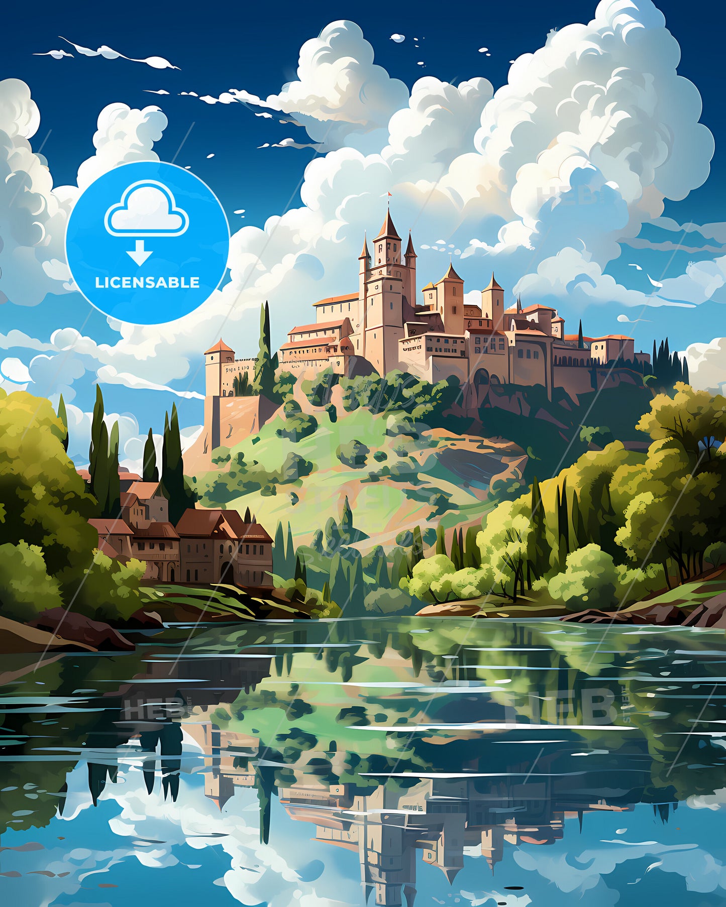 Granada, Spain, a castle on a hill with trees and a river