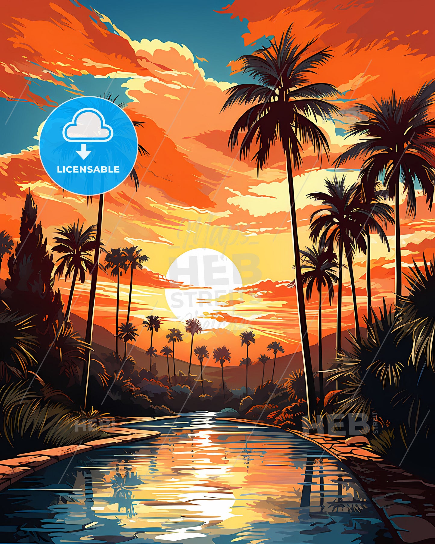 Wellington, Florida, a sunset over a river with palm trees