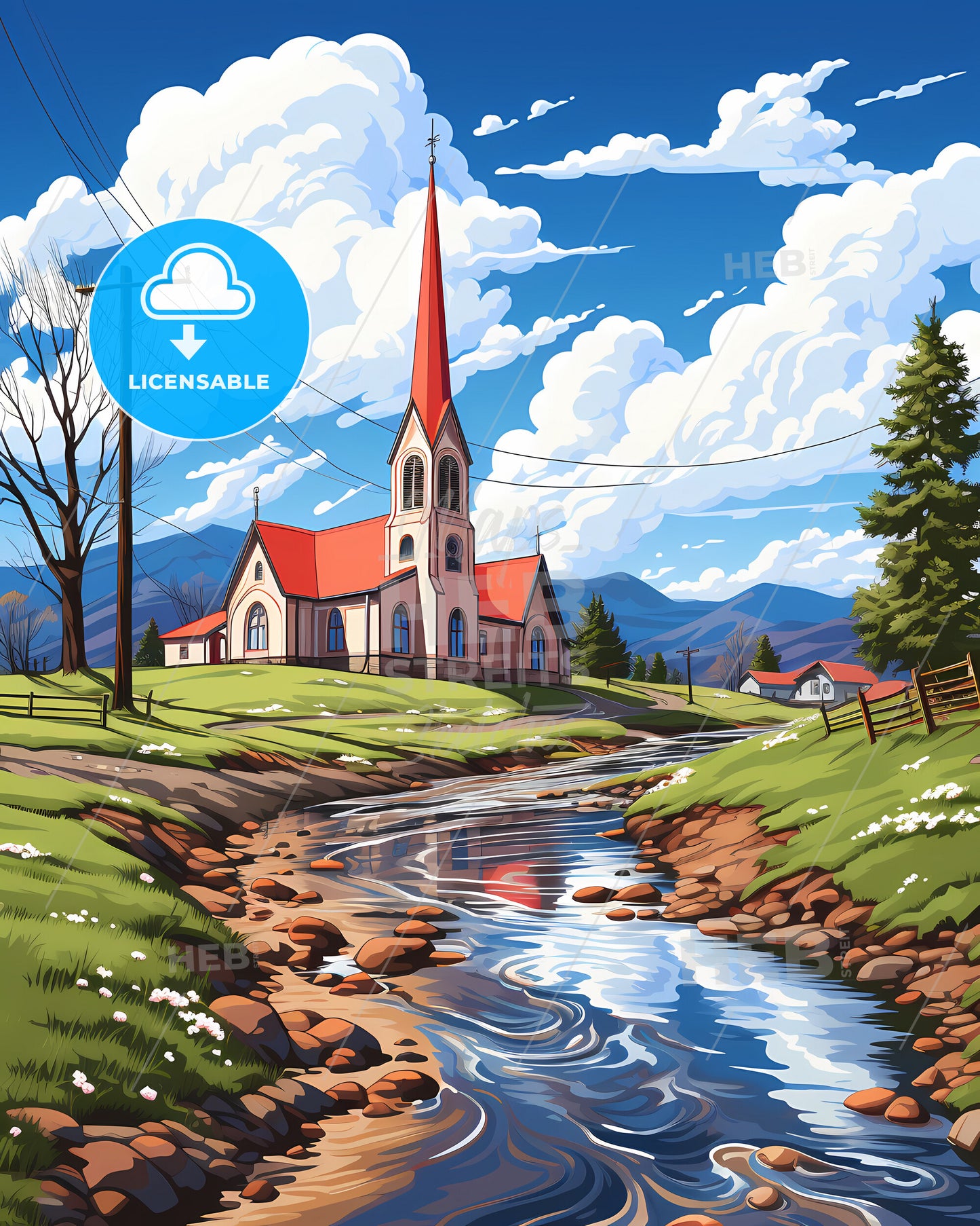 Sandefjord, Norway, a church with a red roof and a red steeple on a hill with a stream of water