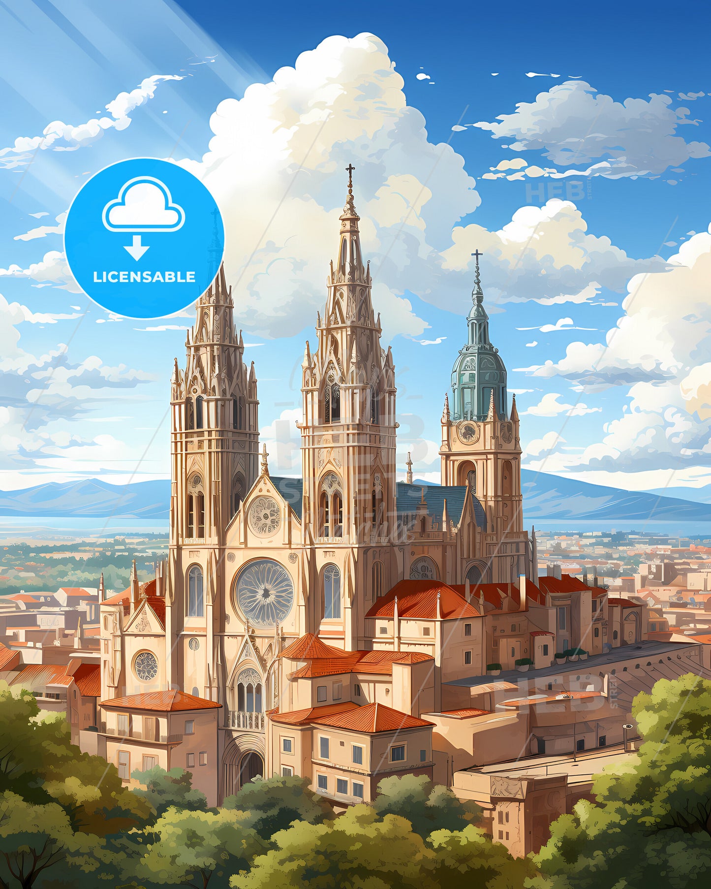 Barcelona, Spain, a large building with towers and a city in the background