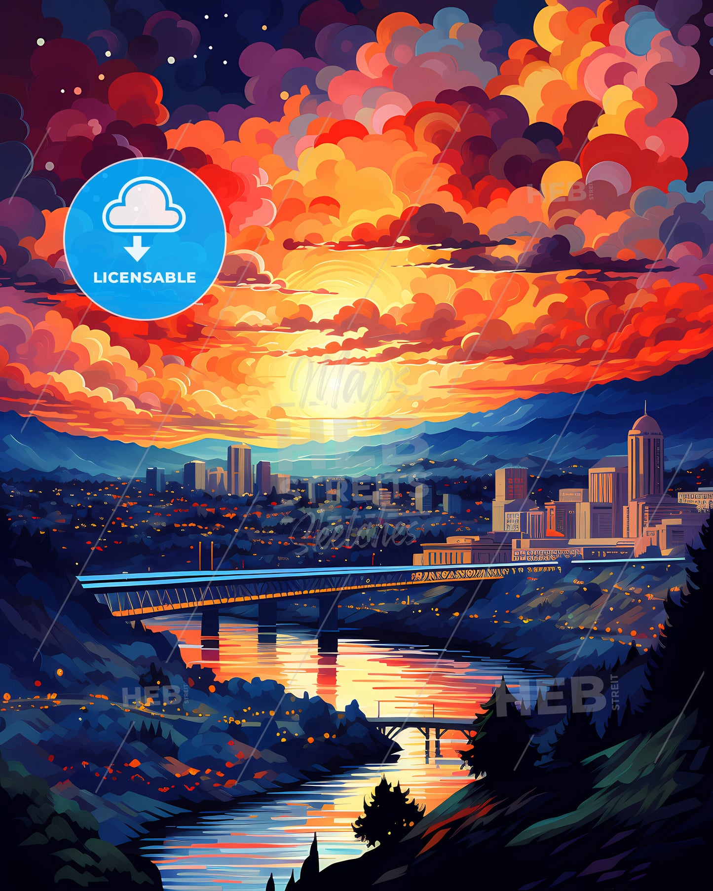 Antioch, California, a colorful sky over a river and a city