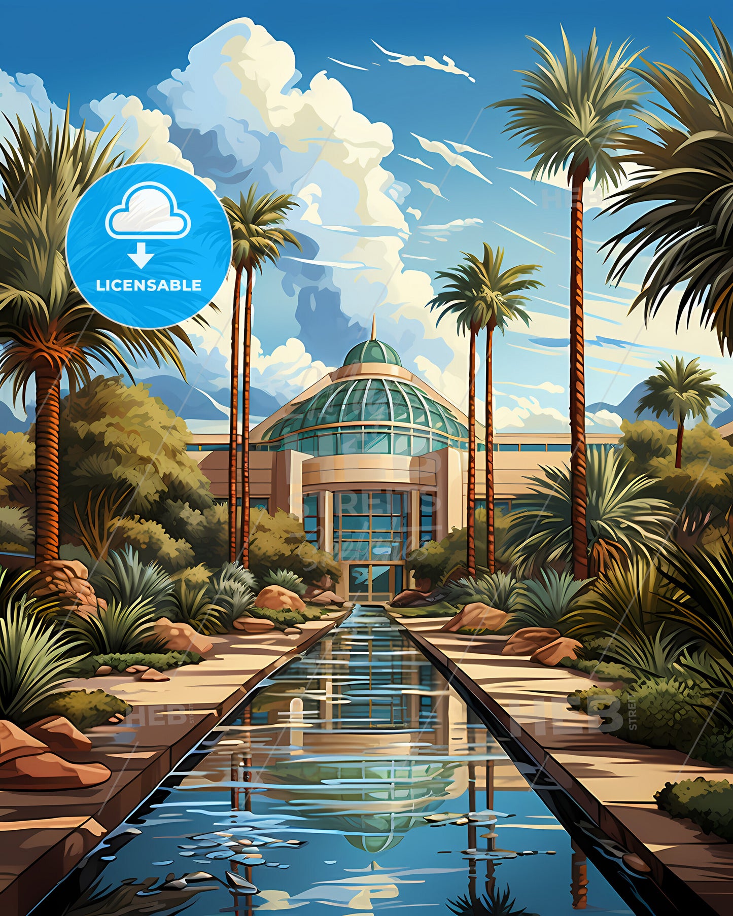 Chino, California, a water way with palm trees and a building