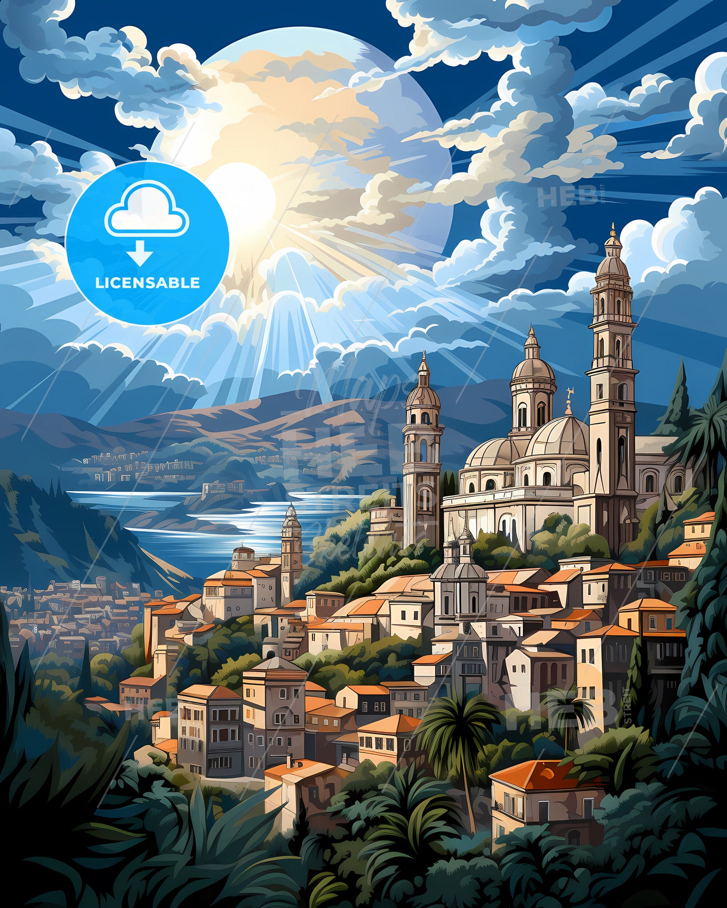 Sanremo, Italy, a painting of a city with a river and a church