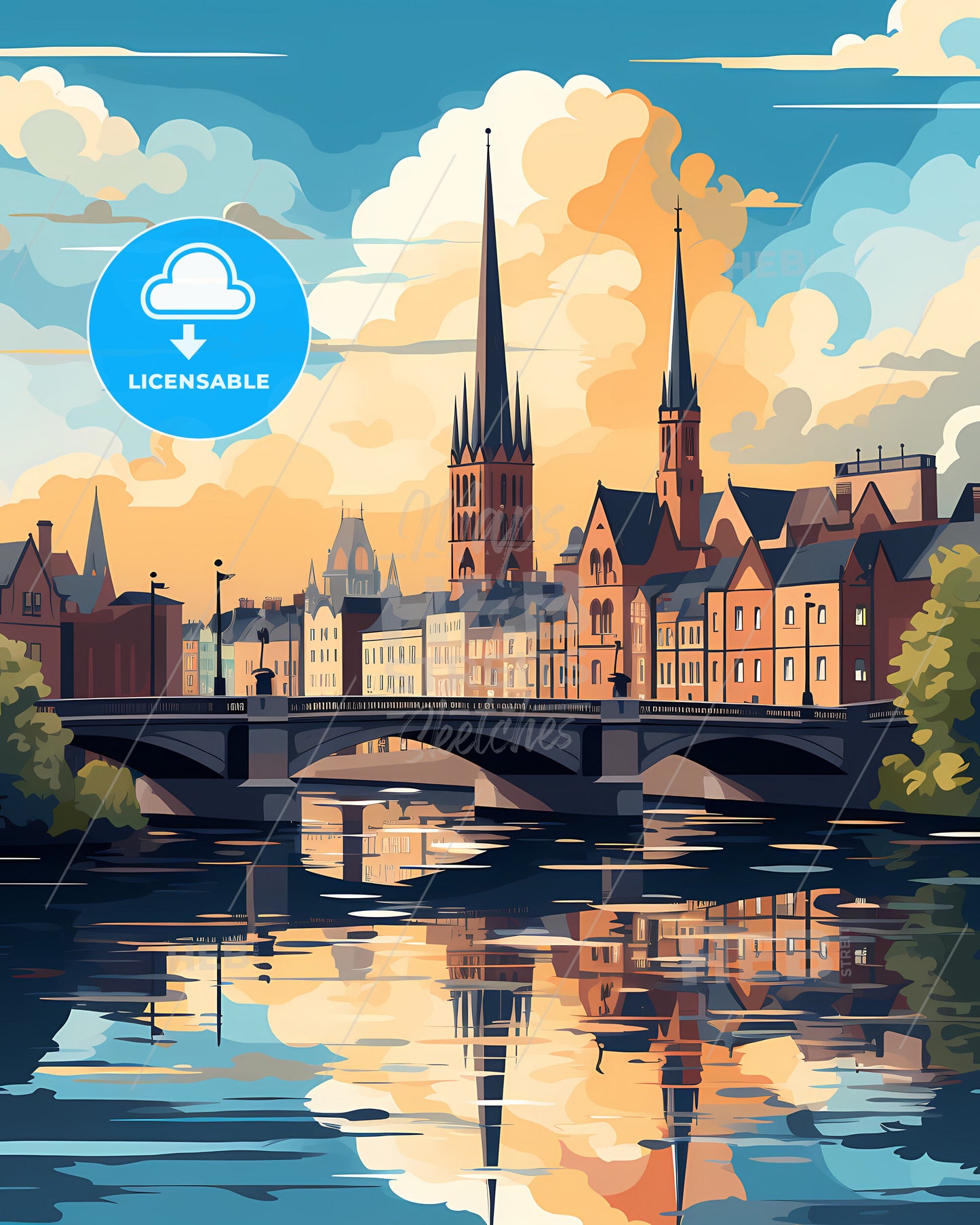 Limerick, County Limerick & County Clare, a bridge over a river with buildings and trees