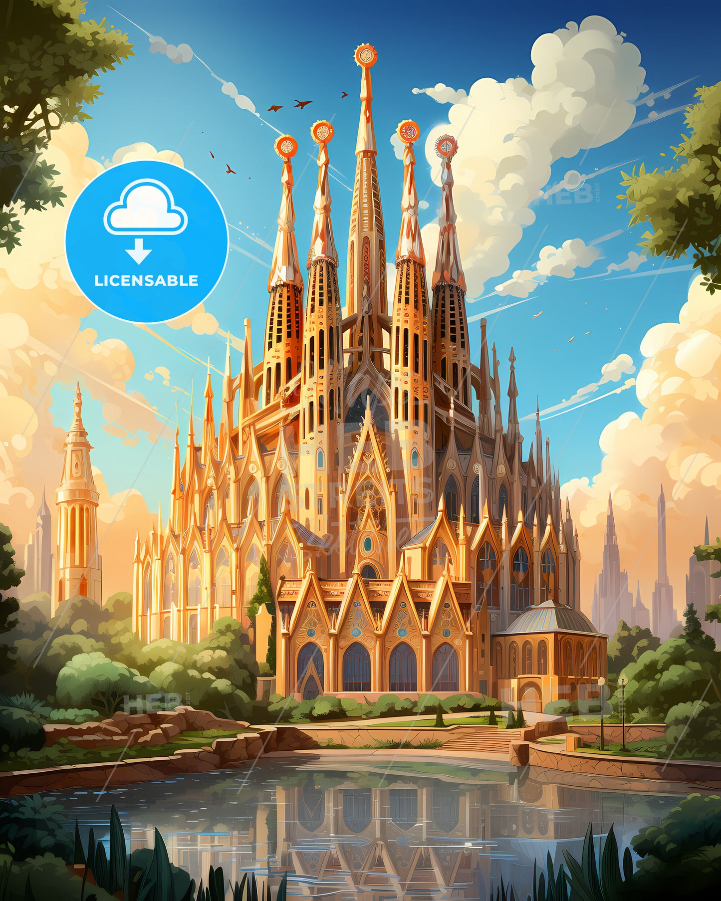 Barcelona, Spain, a castle with many spires and a pond with Sagrada Família in the background