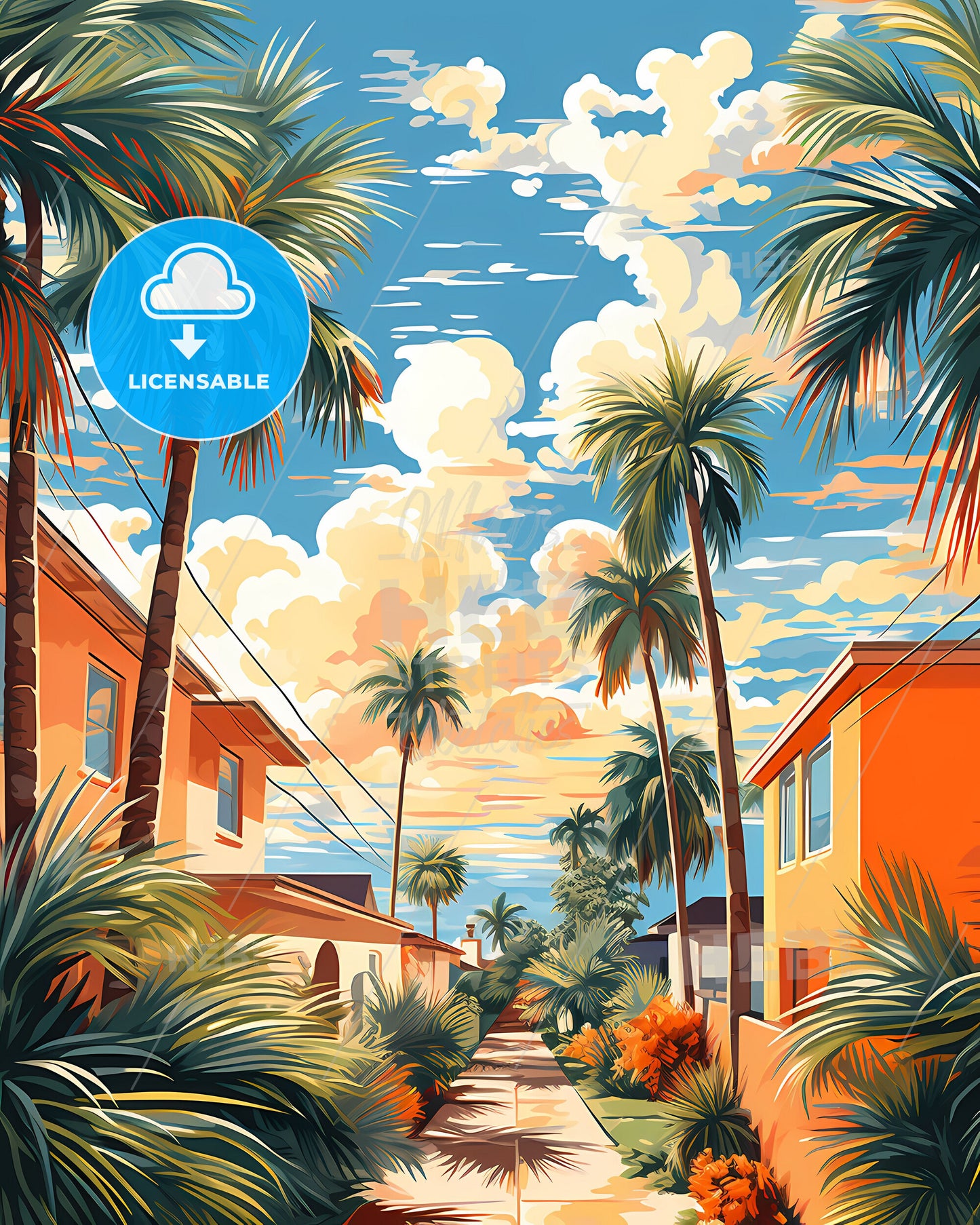 Wellington, Florida, a street with palm trees and buildings