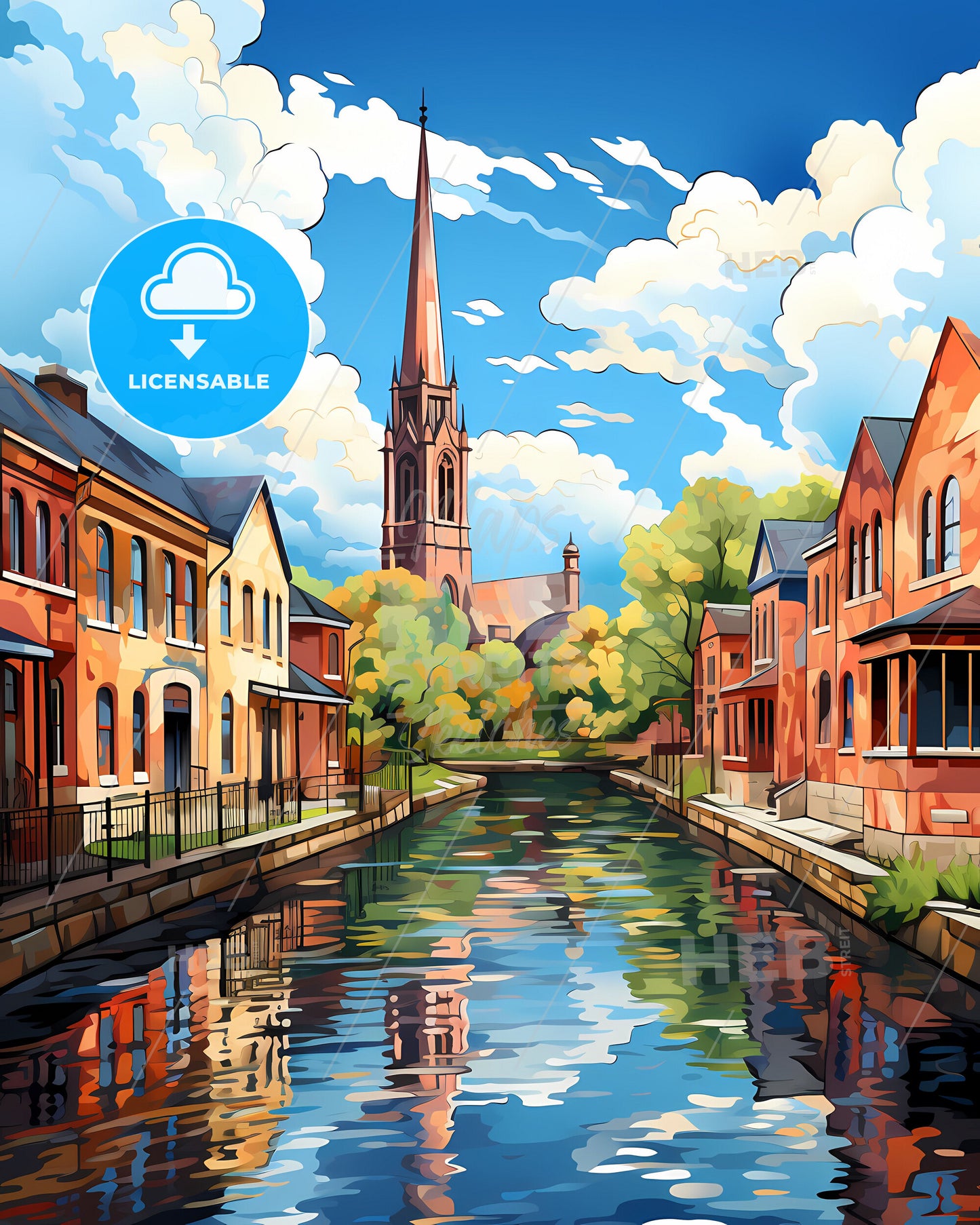 Waalwijk, Netherlands, a water canal with houses and a church in the background