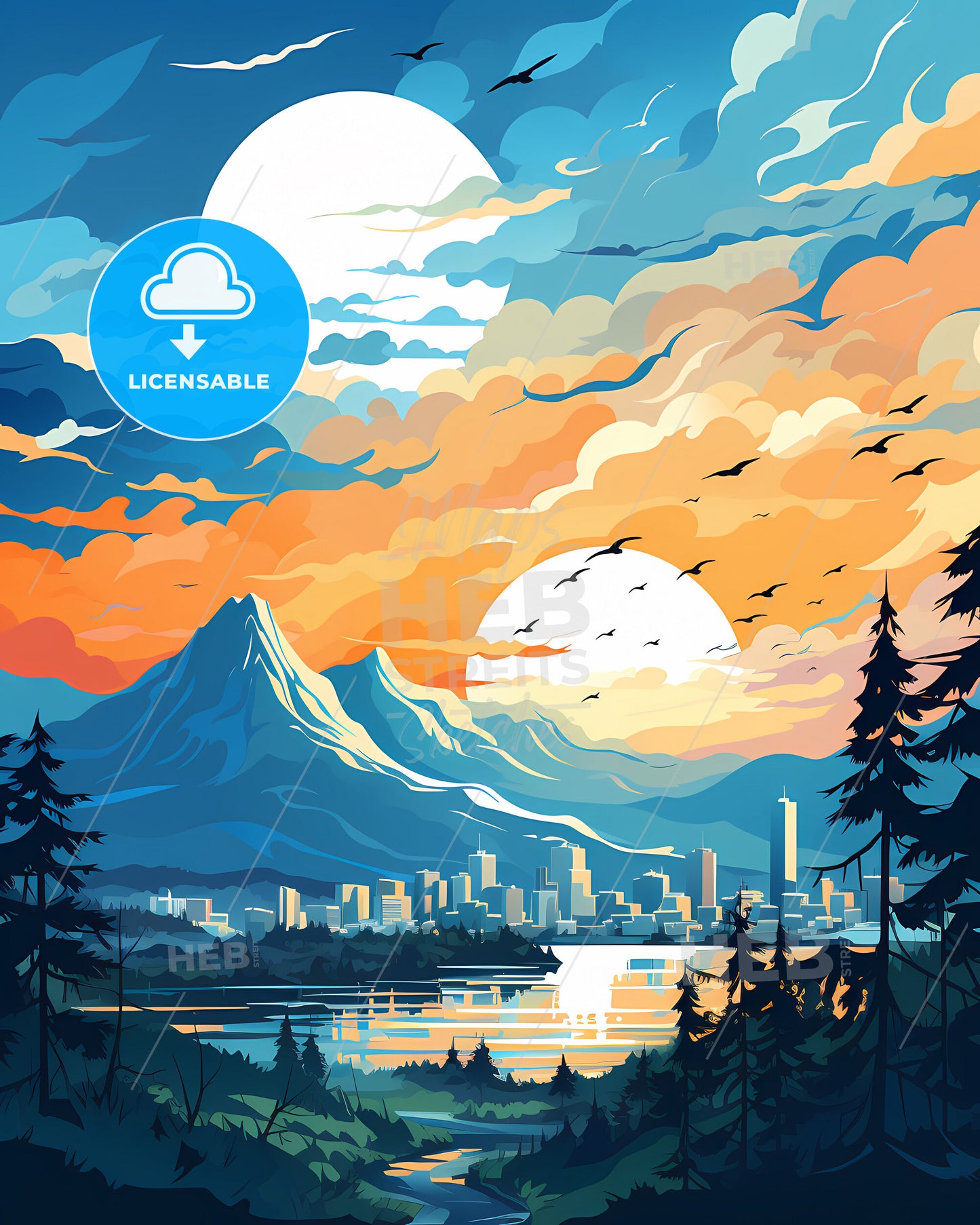 Berkeley, California, a landscape of a city and mountains with birds flying in the sky