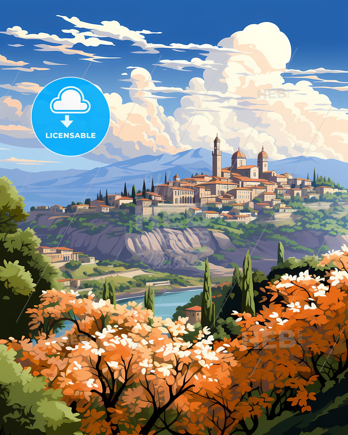 Carpi, Italy, a painting of a town on a hill with trees and a river