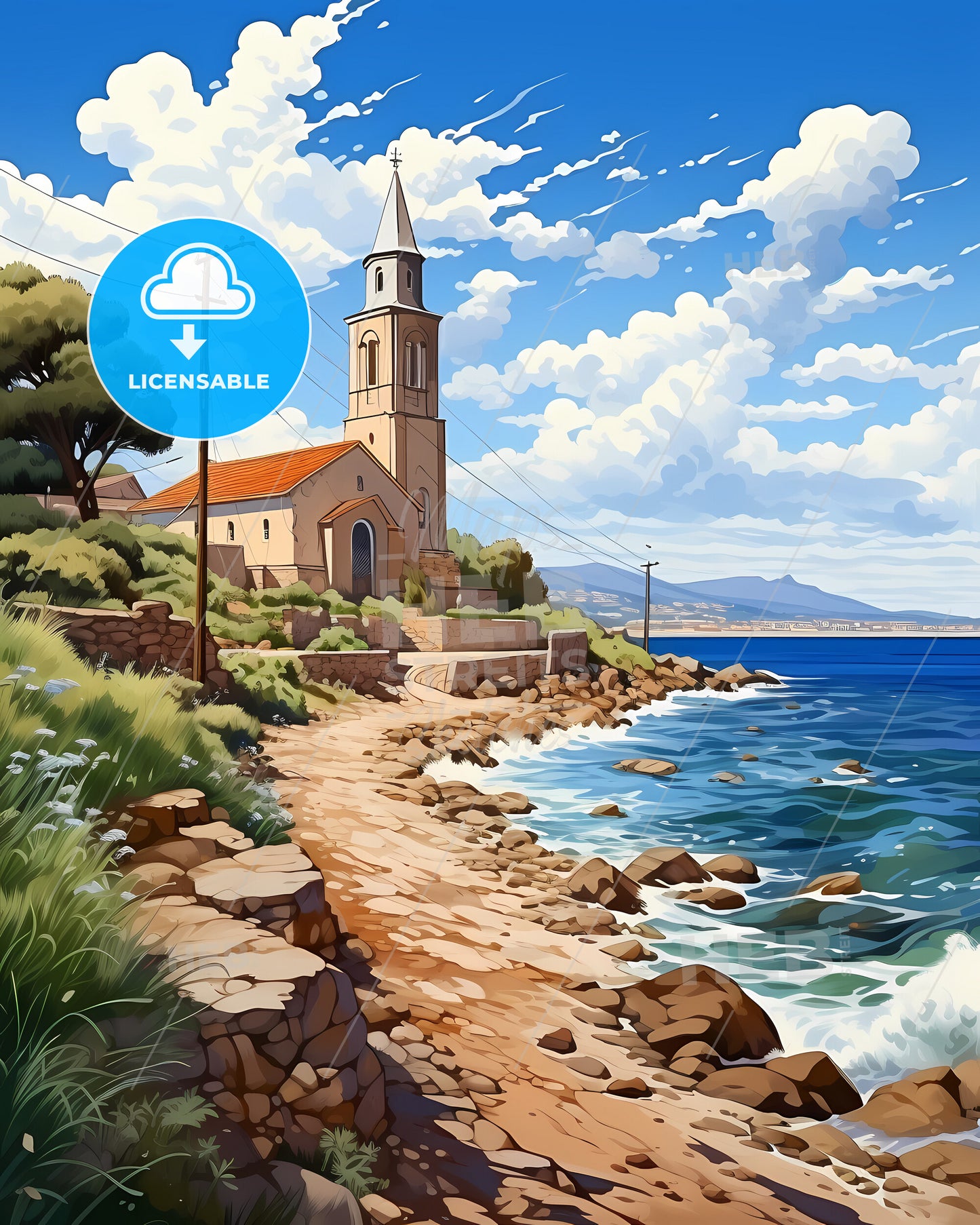 Olbia, Italy, a church on a rocky beach