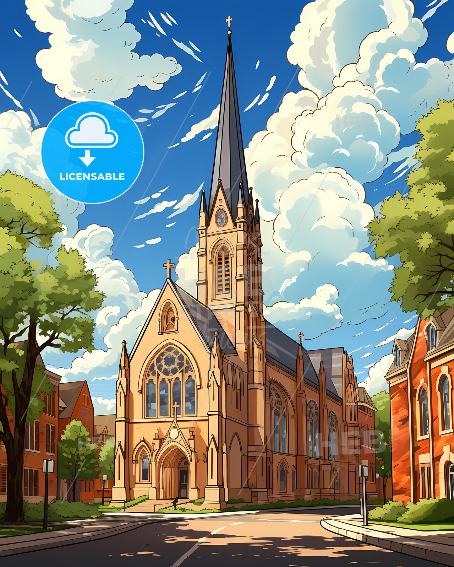 Parma, Ohio, a church with a steeple and trees